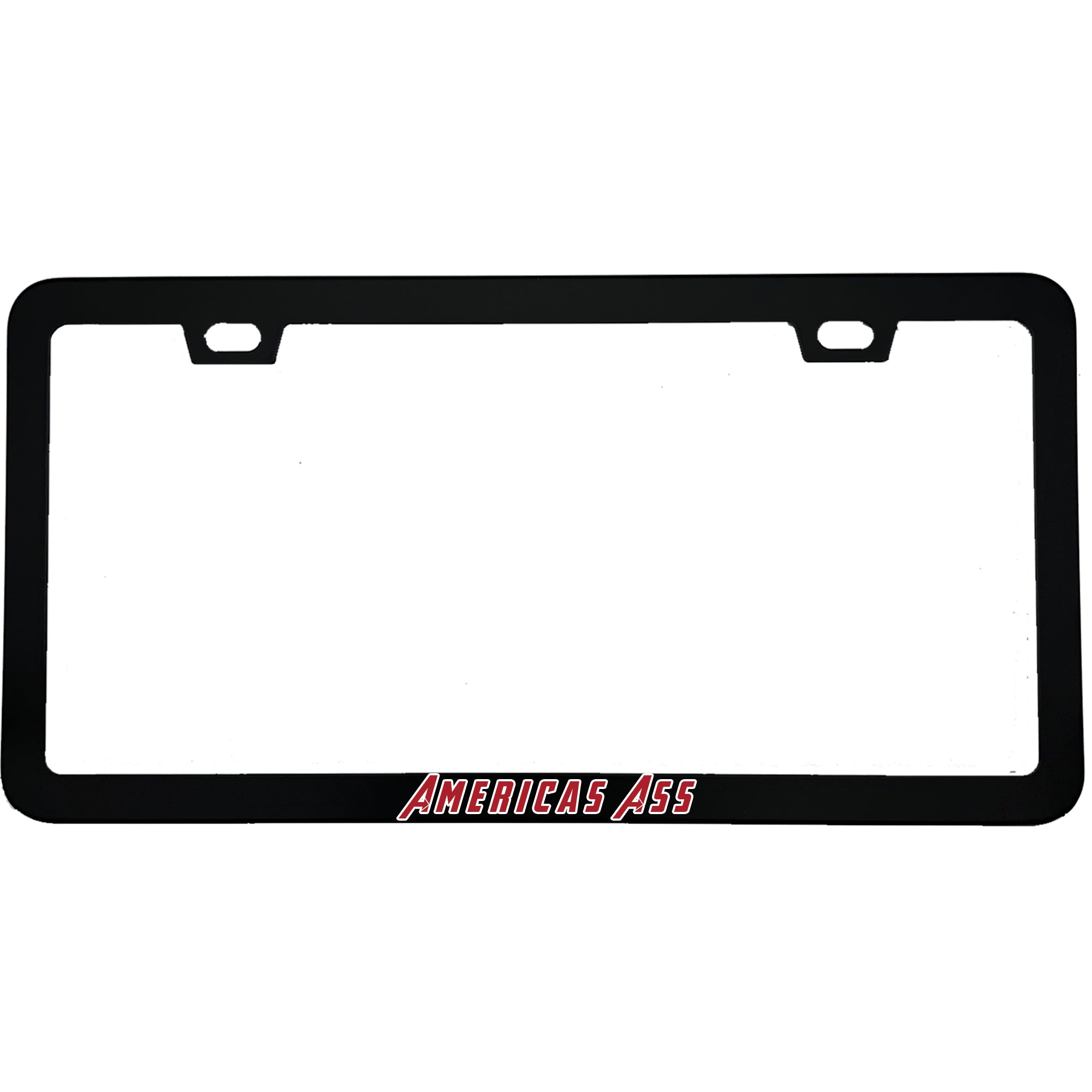"America's Ass" superhero fan aluminum license plate frame — front view