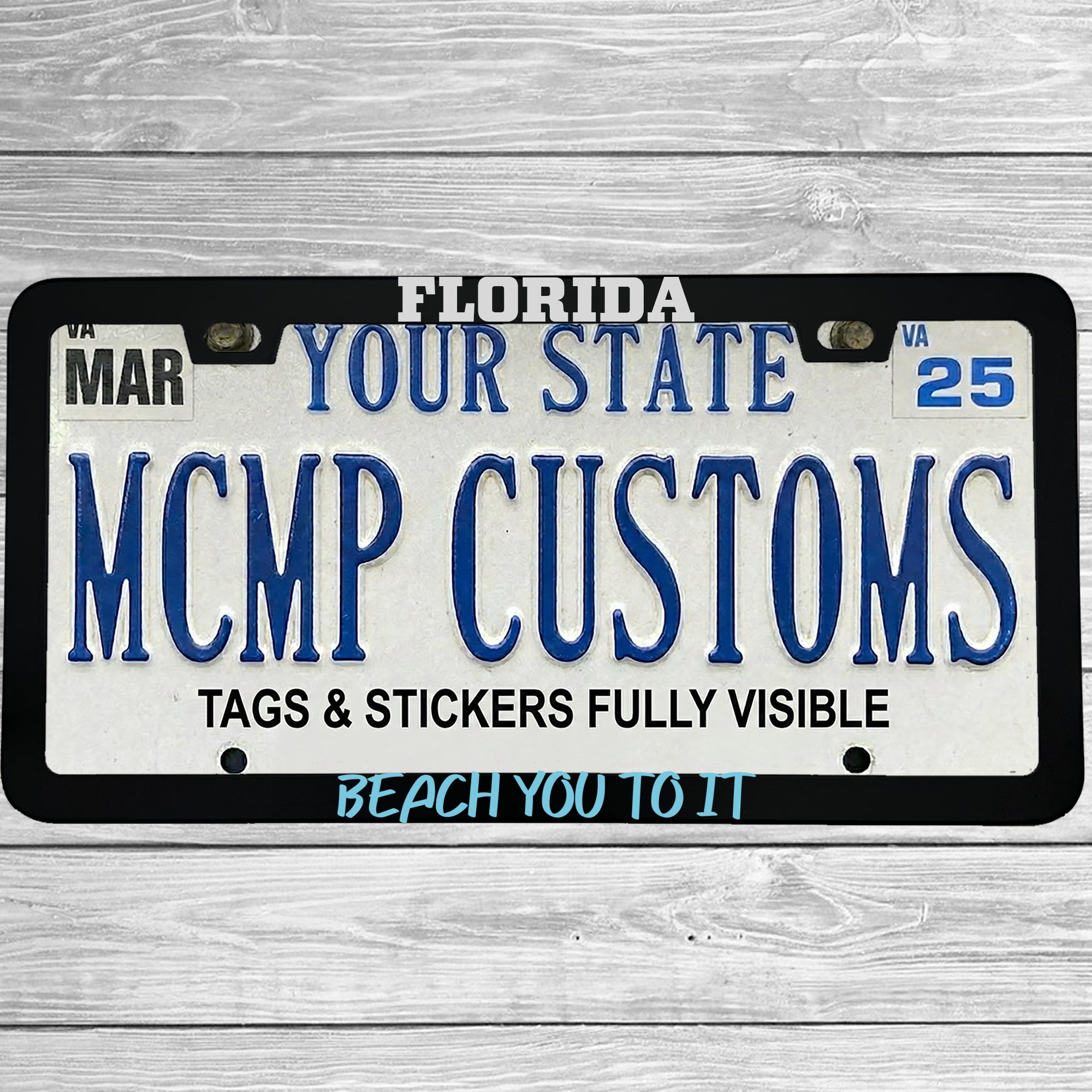 "Florida Beach You To It" license plate frame shown on vehicle β lifestyle photo