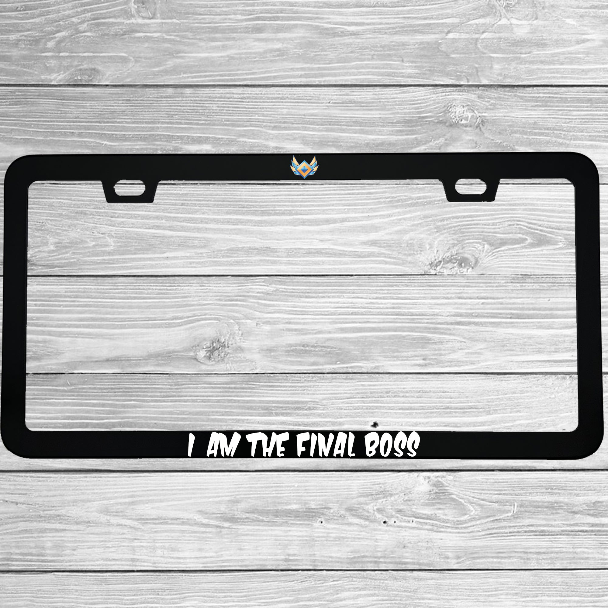 Close-up of "I Am The Final Boss" license plate frame showing fade-proof print quality