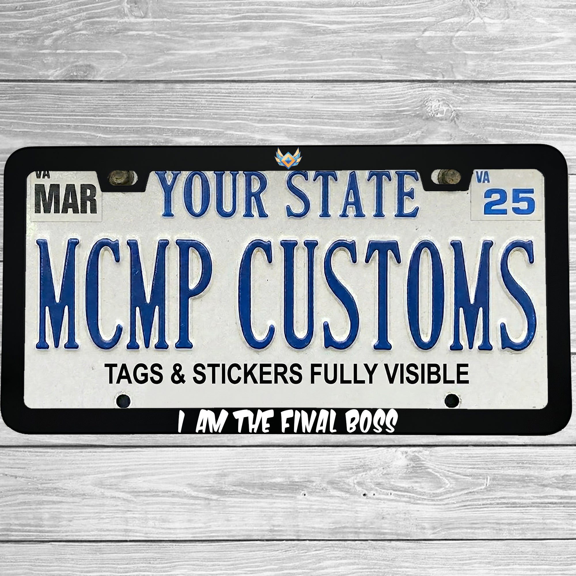 "I Am The Final Boss" license plate frame shown on vehicle — lifestyle photo