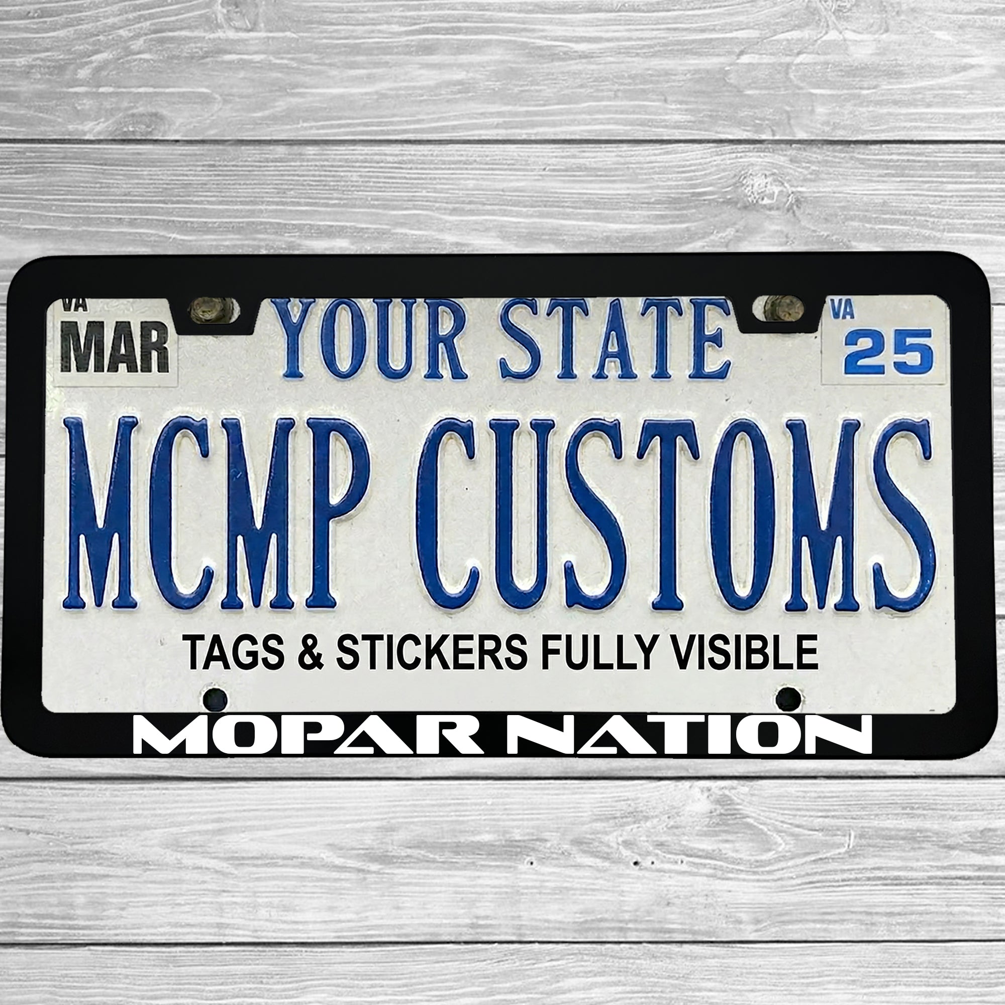 MCMP Customs aluminum license plate frame β features and quality detail infographic