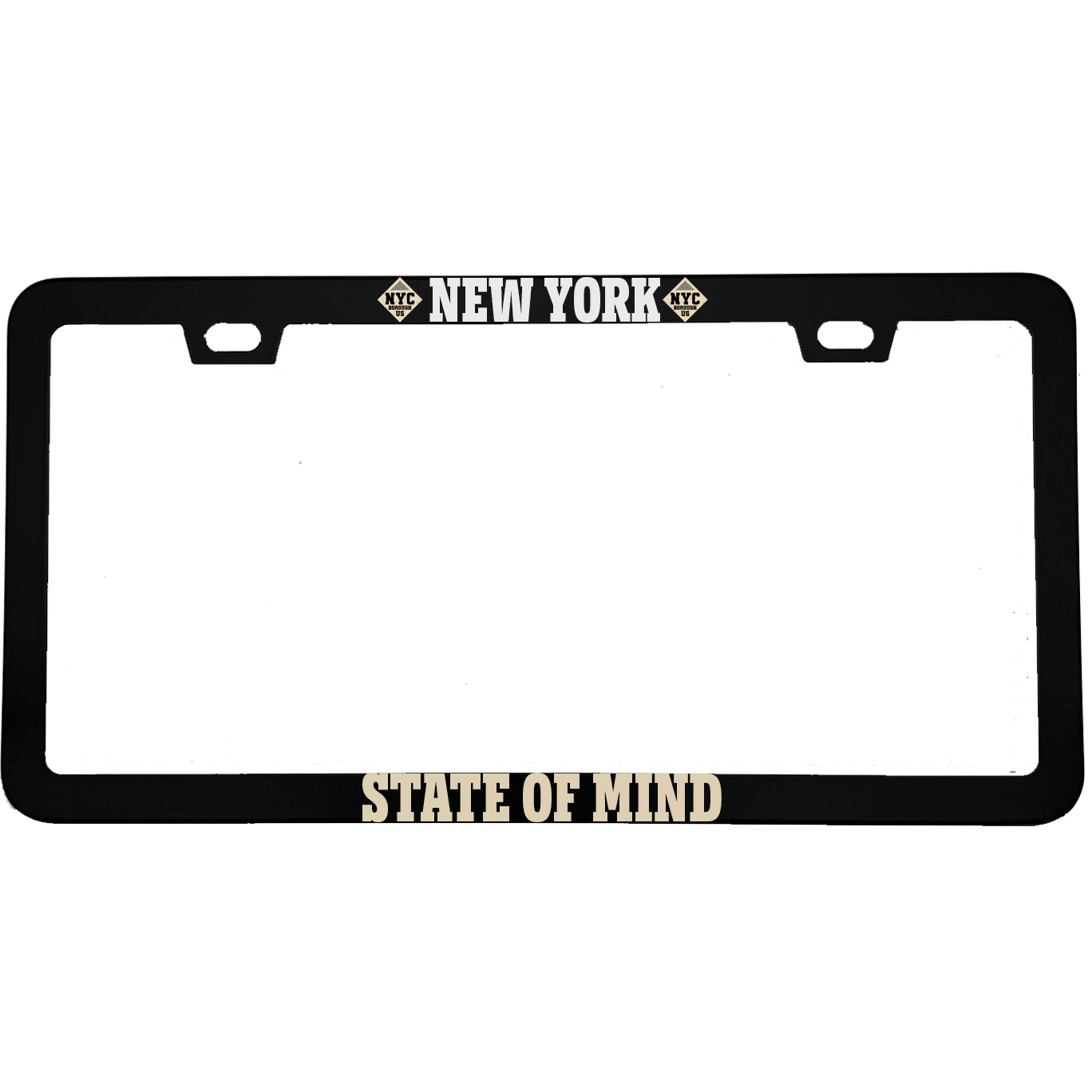 "New York State of Mind" state pride aluminum license plate frame — front view