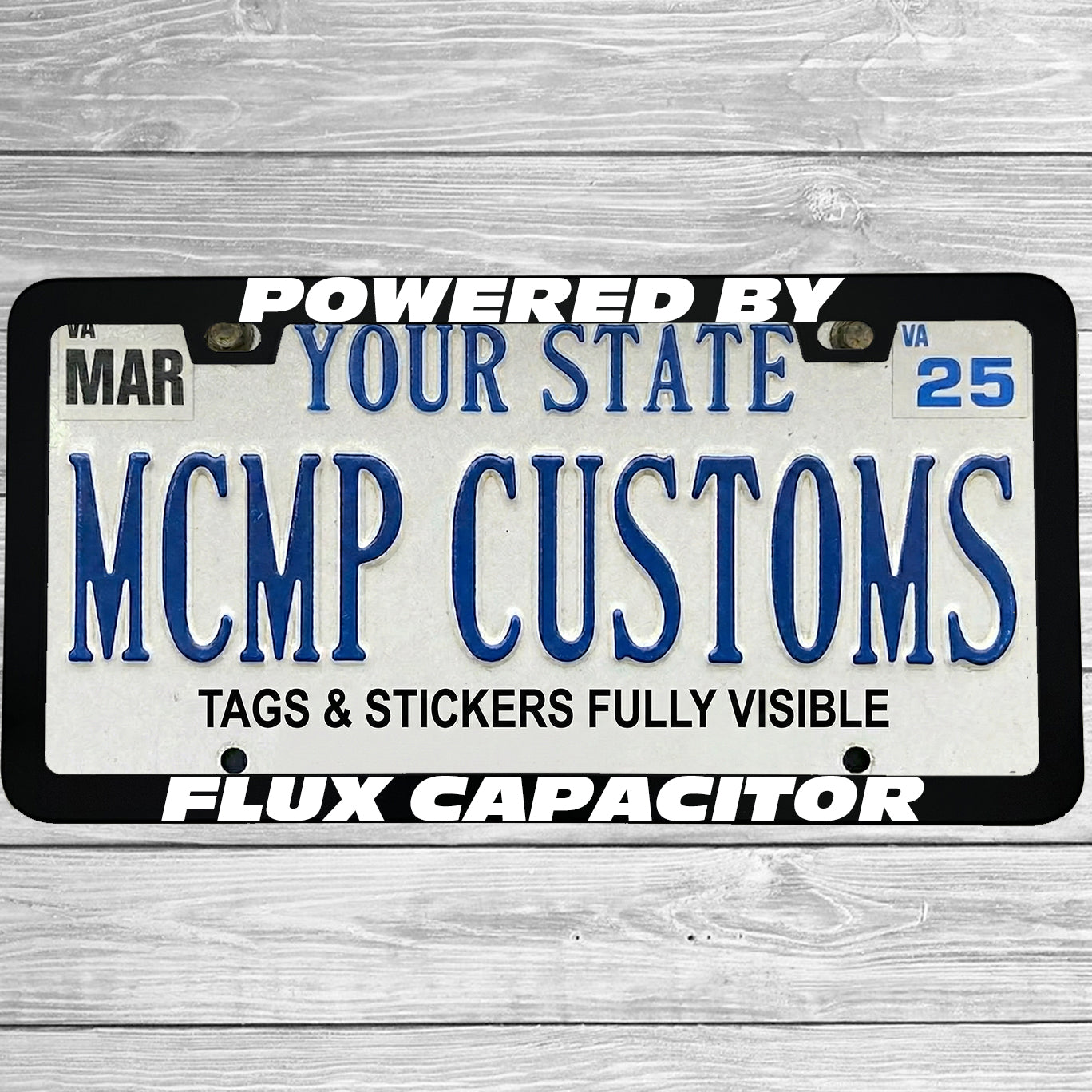 "Powered By Flux Capacitor" license plate frame shown on vehicle β lifestyle photo