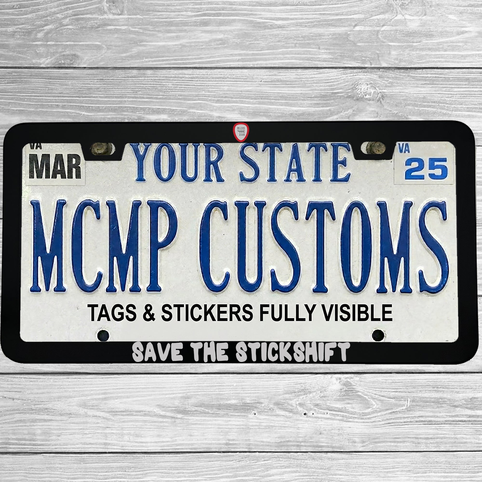"Save The Stickshift Manual Driving" license plate frame shown on vehicle β lifestyle photo
