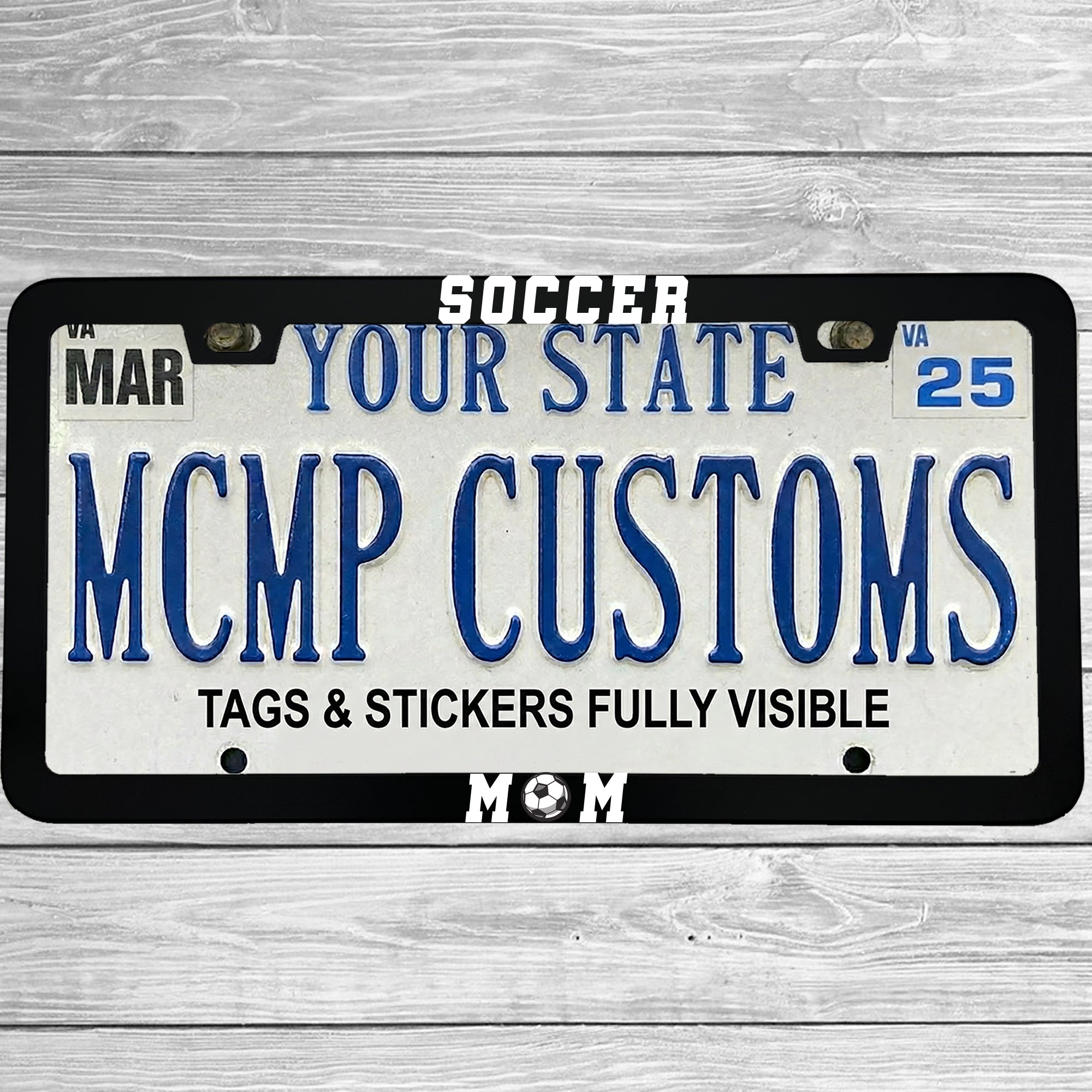 "Soccer Mom" license plate frame shown on vehicle β lifestyle photo