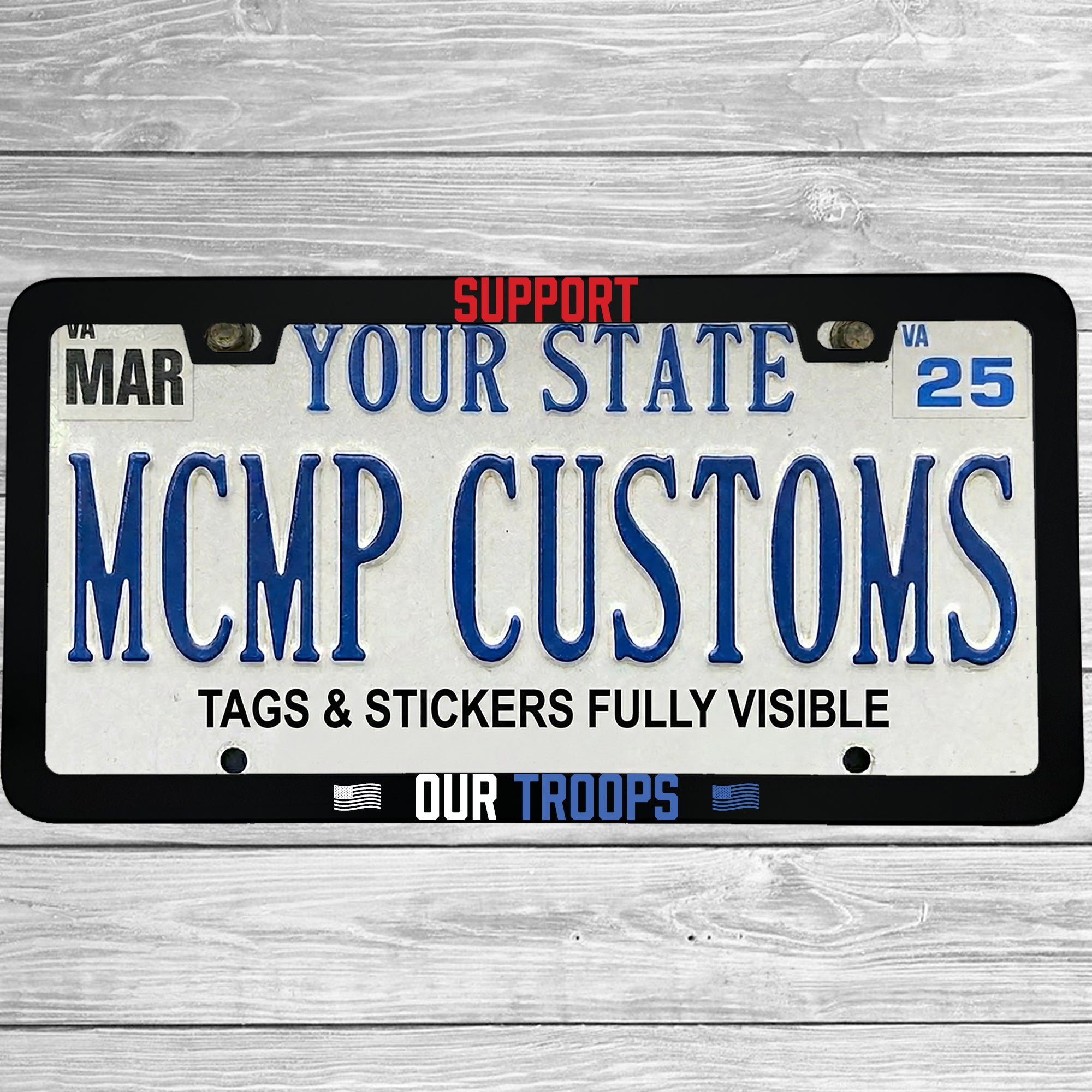 "Support Our Troops" license plate frame shown on vehicle β lifestyle photo