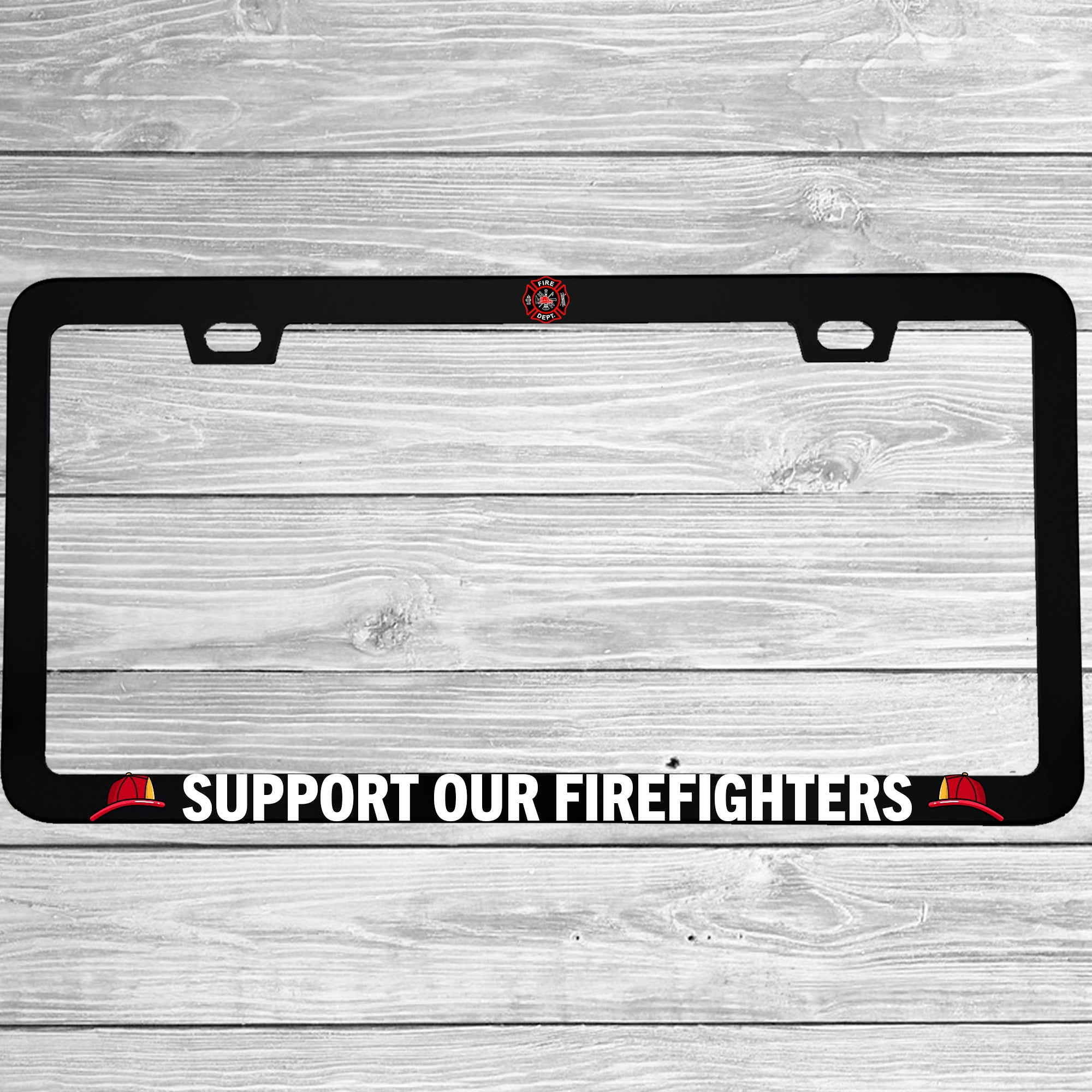 Close-up of "Support Our Firefighters" license plate frame showing fade-proof print quality