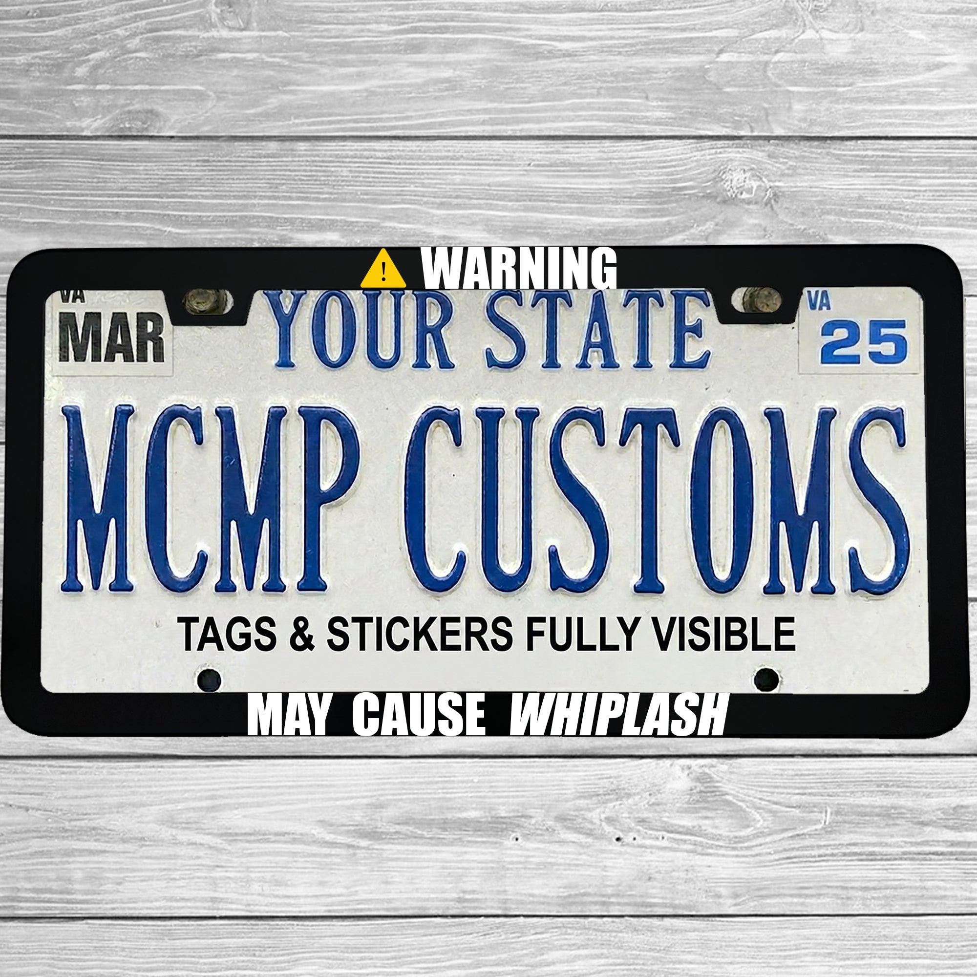 "Warning: May Cause Whiplash" license plate frame shown on vehicle β lifestyle photo