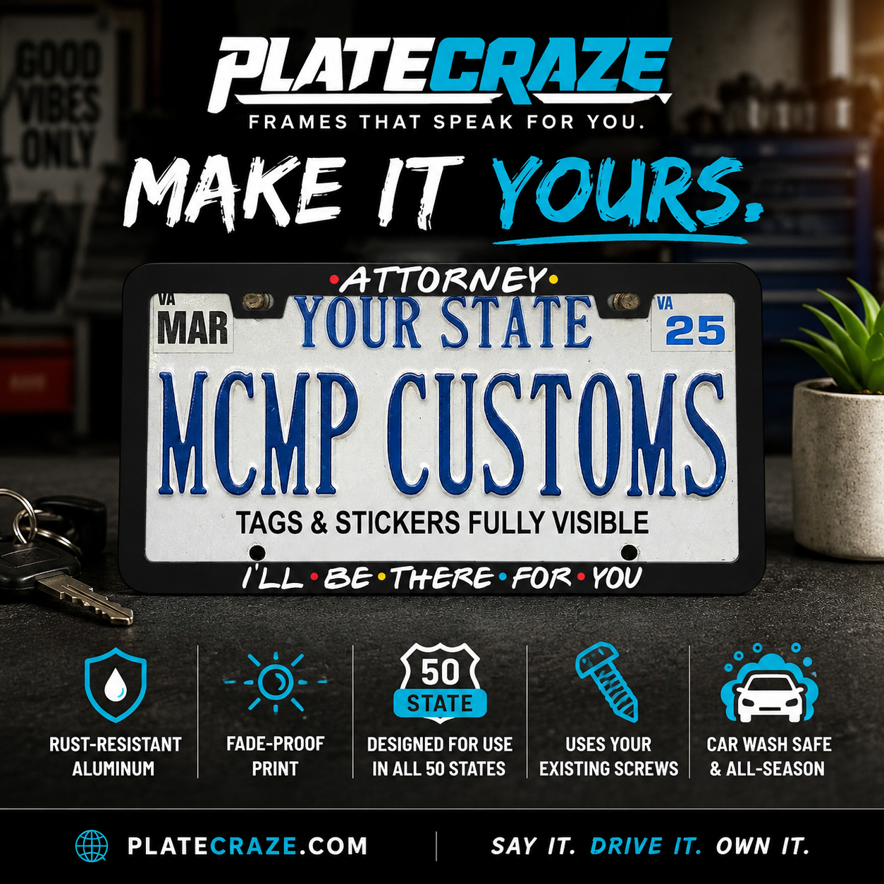 Attorney I'll Be There For You Personalized Business Aluminum License Plate Frame