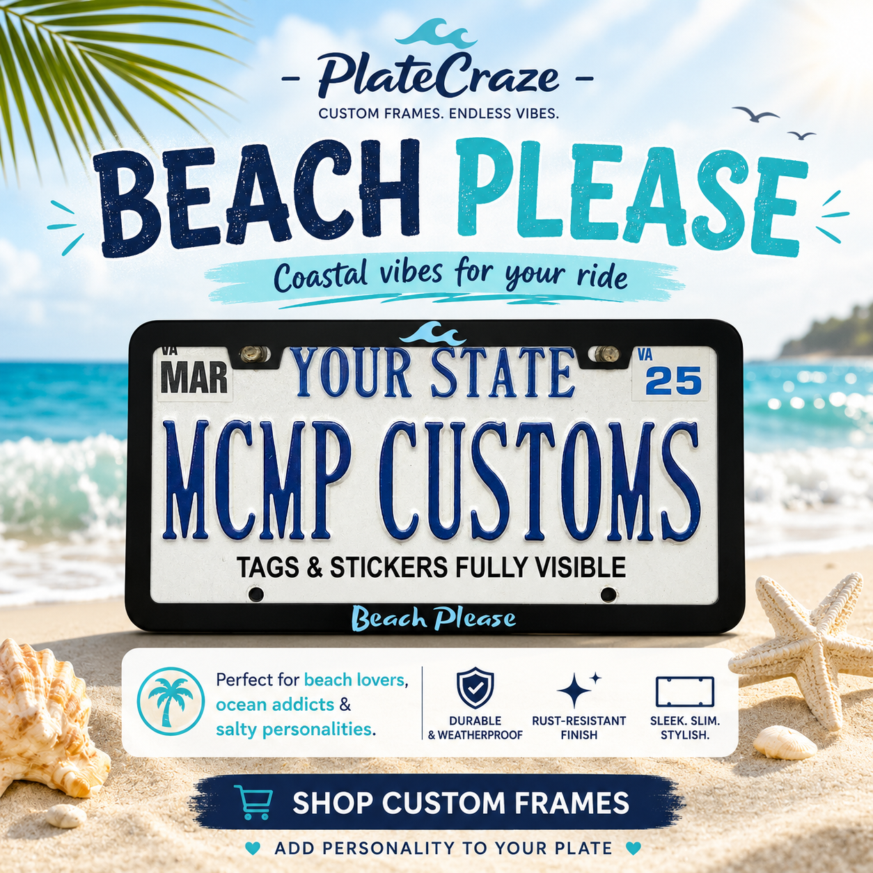 Beach Please Aluminum License Plate Frame