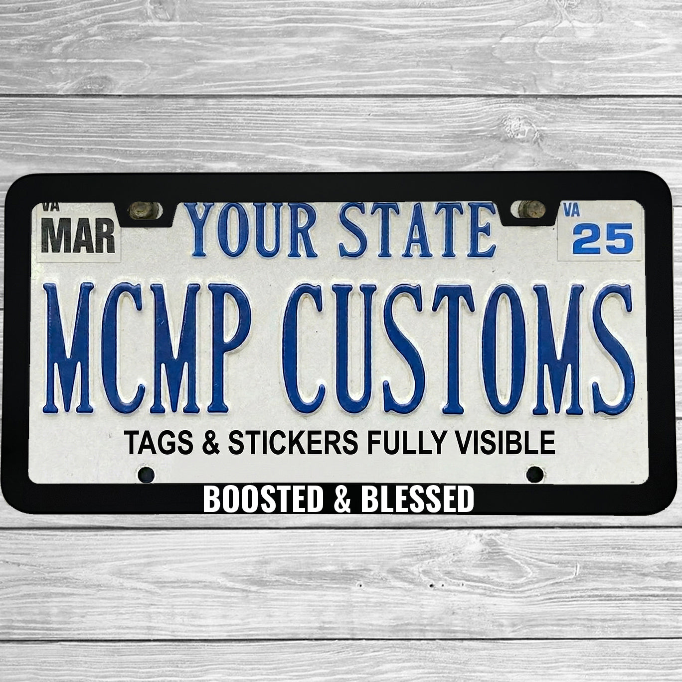 "Boosted And Blessed" license plate frame shown on vehicle β lifestyle photo