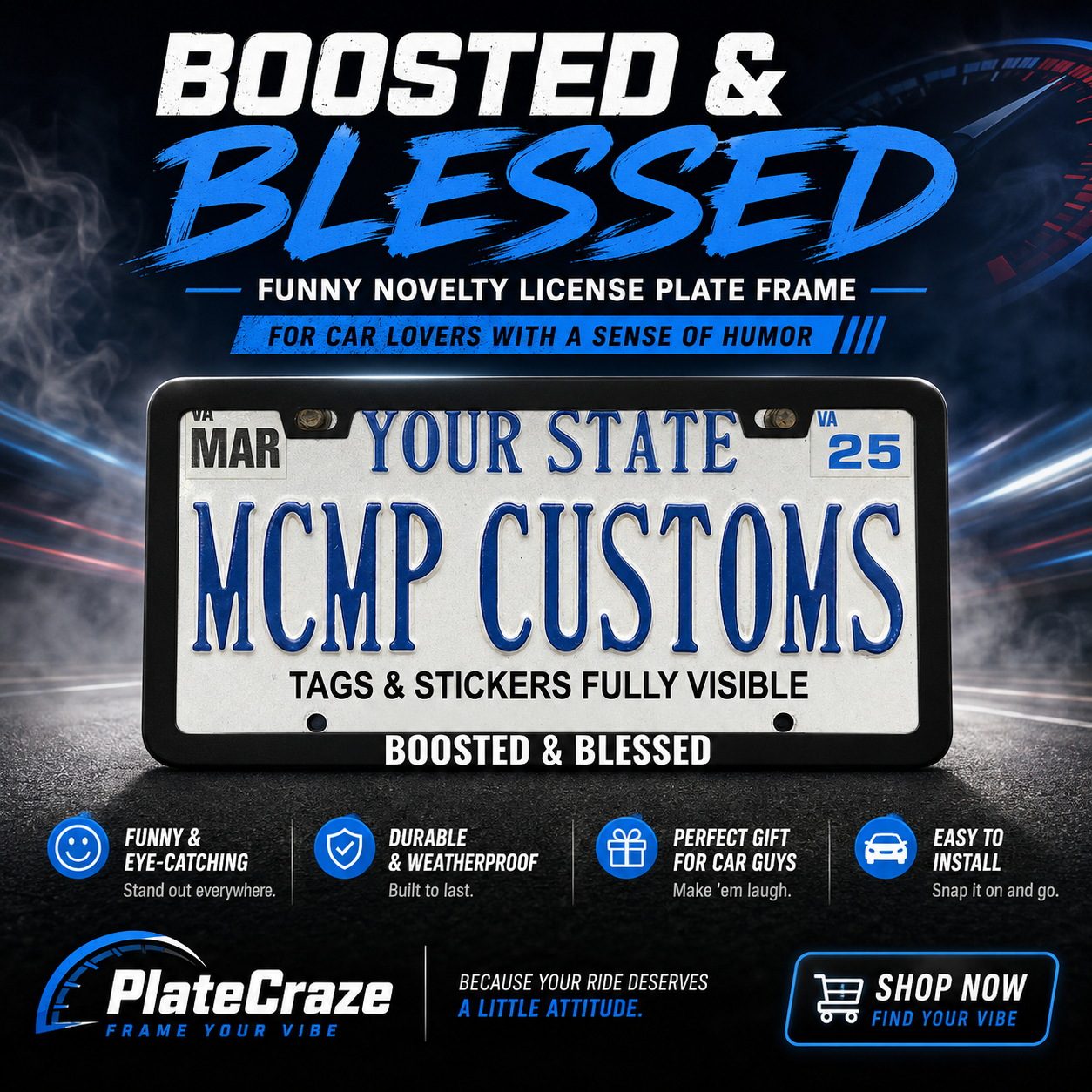 Boosted And Blessed Car Enthusiast Aluminum License Plate Frame
