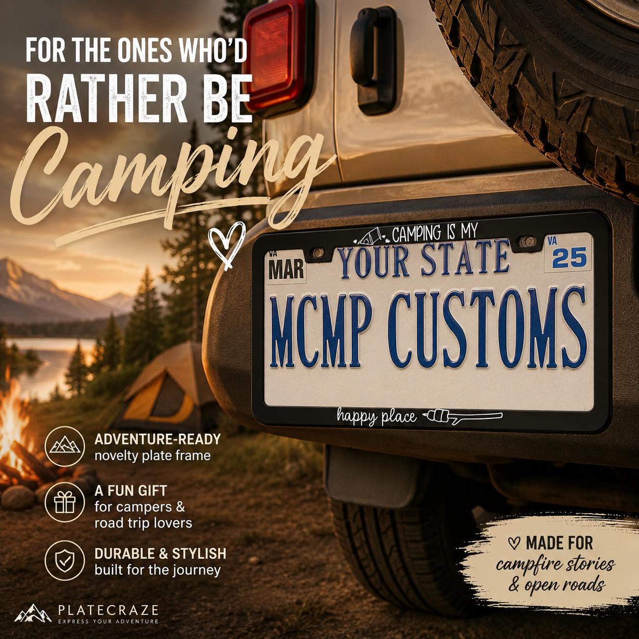 Camping Is My Happy Place Outdoor Adventure Aluminum License Plate Frame