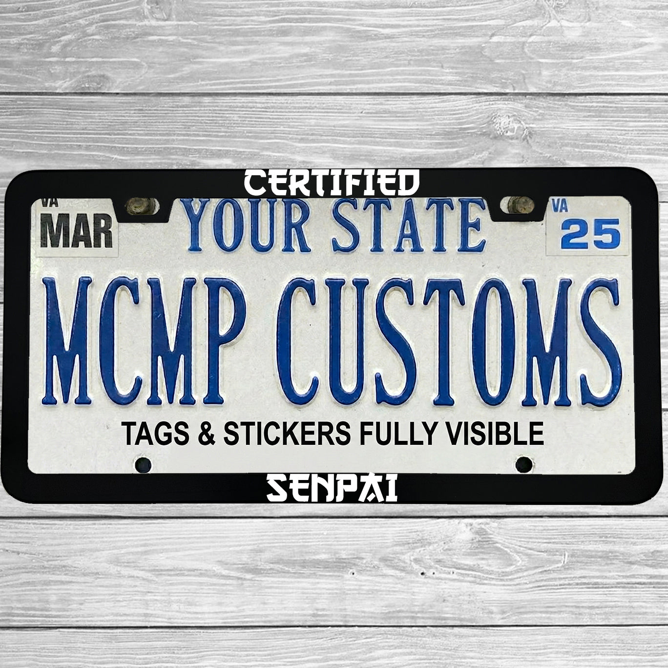 "Certified Senpai" license plate frame shown on vehicle — lifestyle photo
