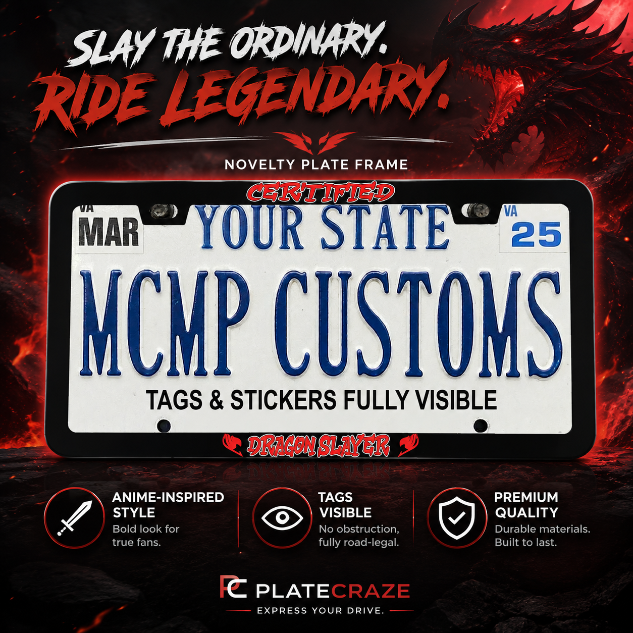 Certified Dragon Slayer Anime Aluminum License Plate Frame