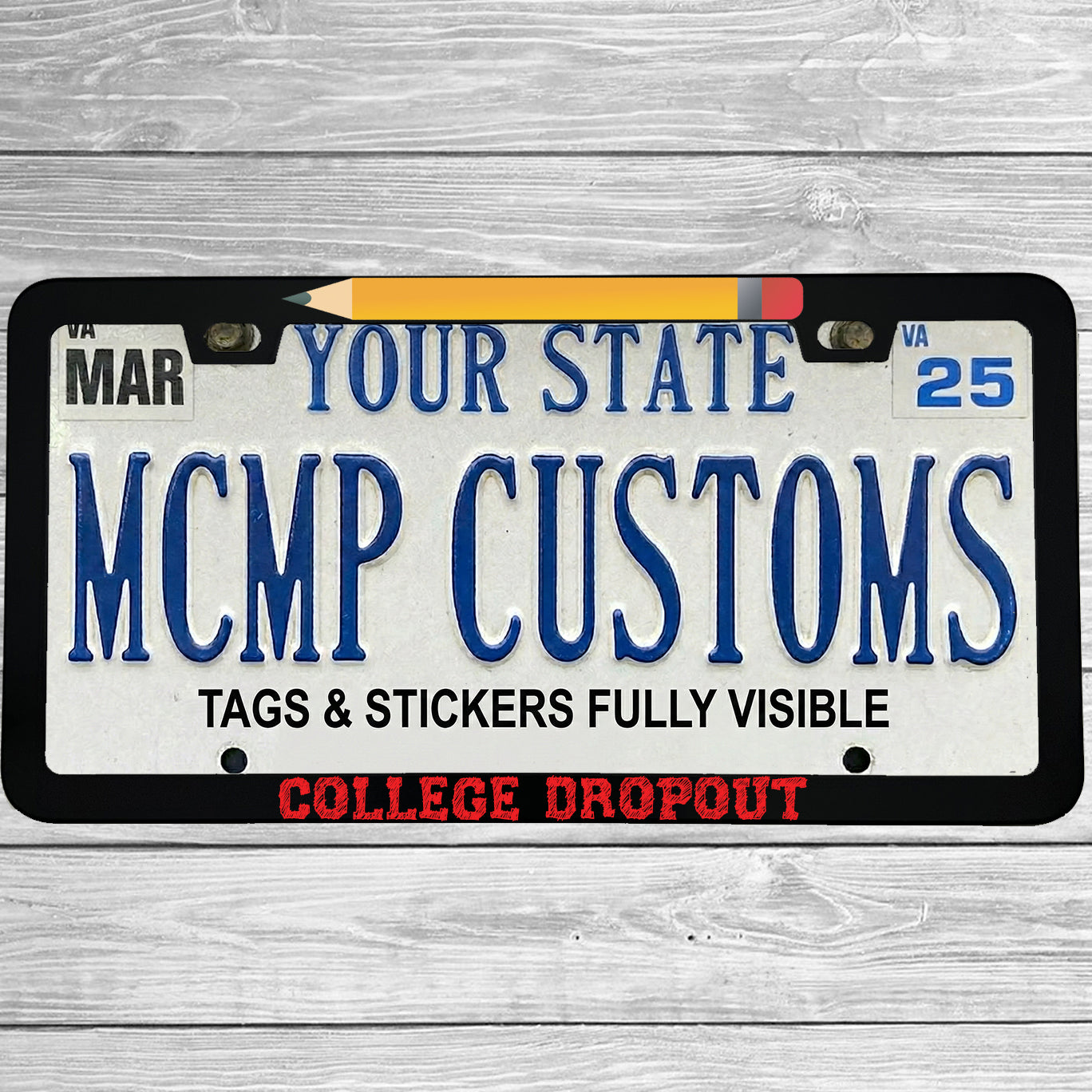 "College Dropout" license plate frame shown on vehicle β lifestyle photo