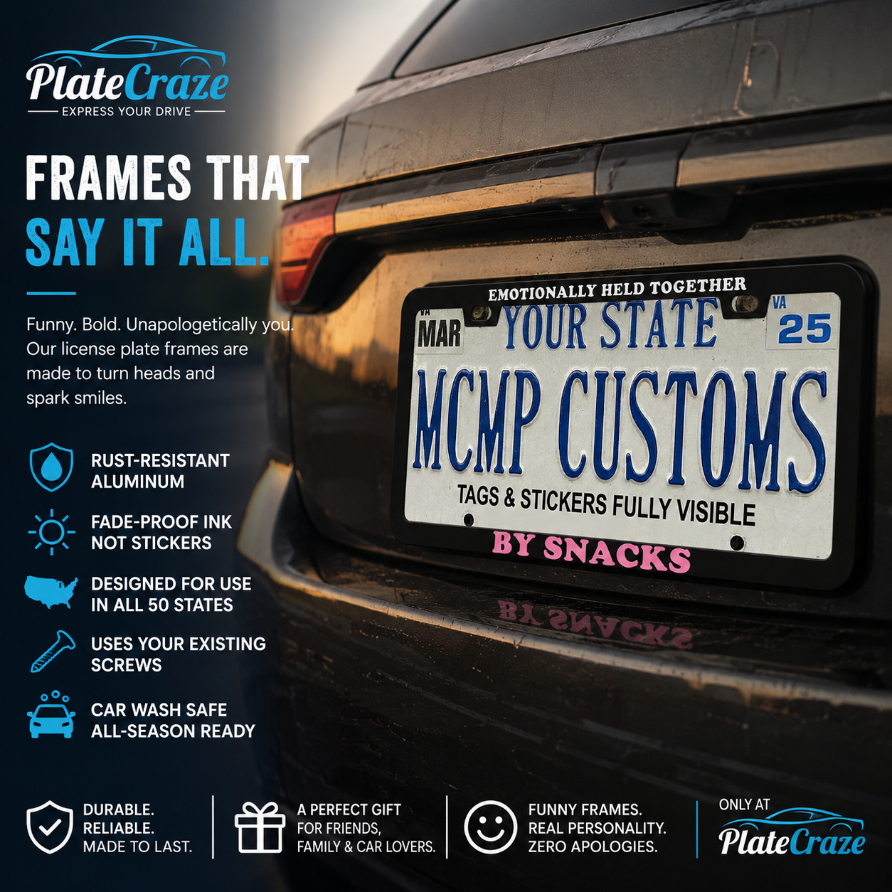 Emotionally Held Together By Snacks Aluminum License Plate Frame