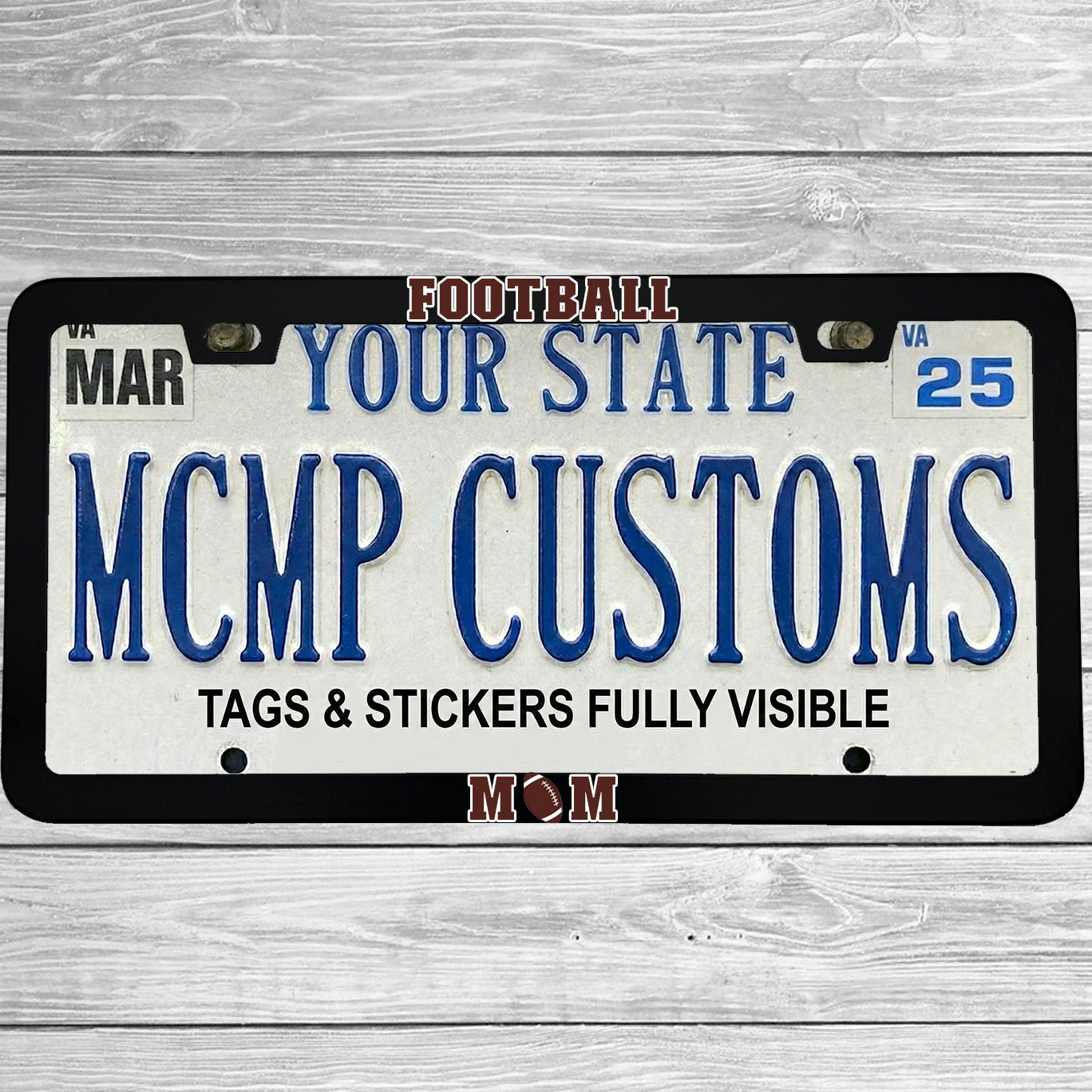 "Football Mom" license plate frame shown on vehicle β lifestyle photo
