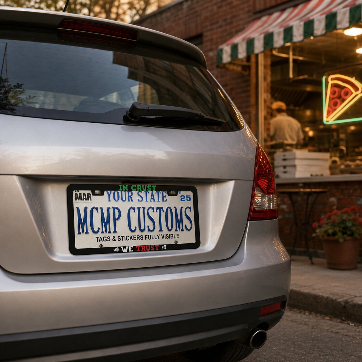 In Crust We Trust Foodie Aluminum License Plate Frame