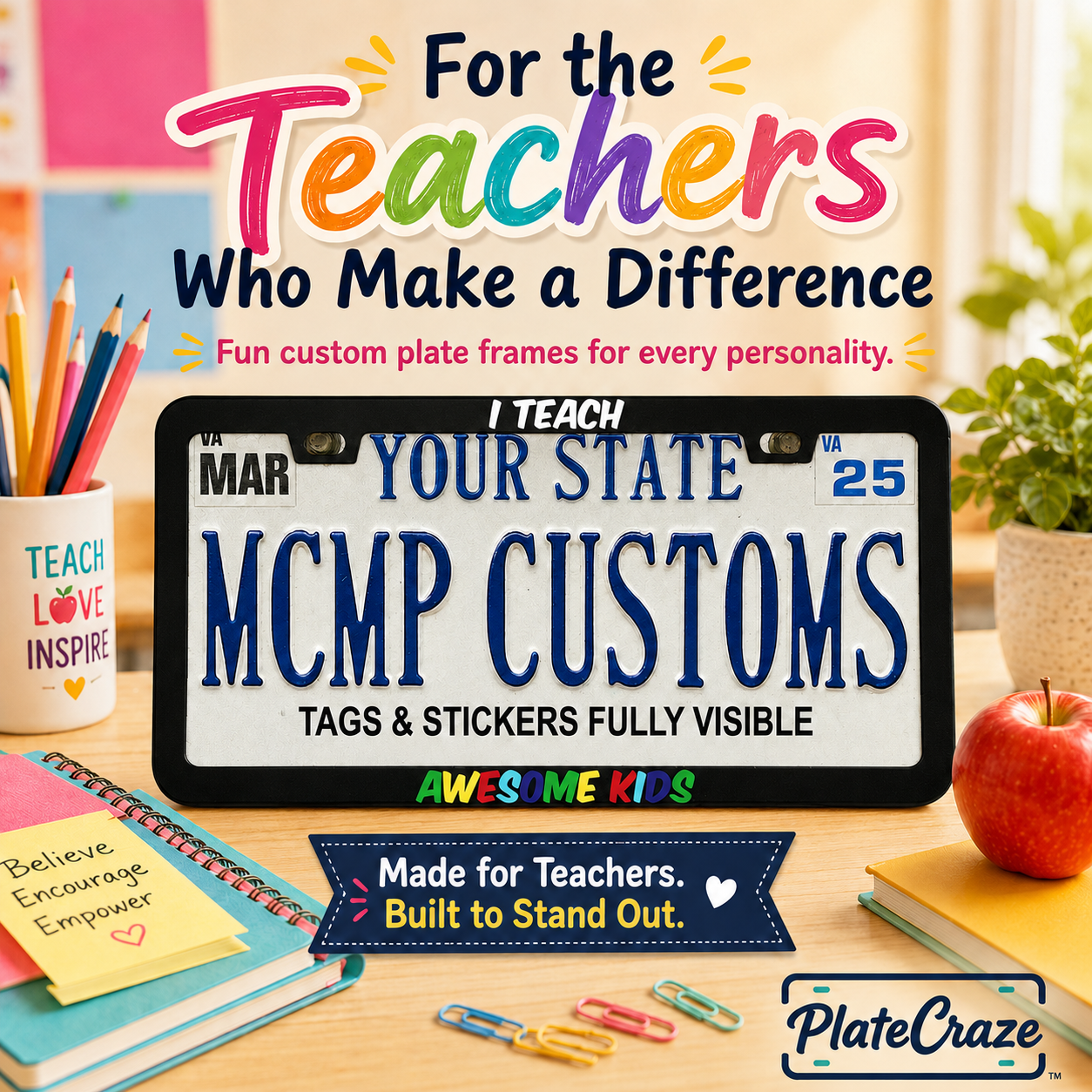 I Teach Awesome Kids Autism Awareness Teacher Aluminum License Plate Frame