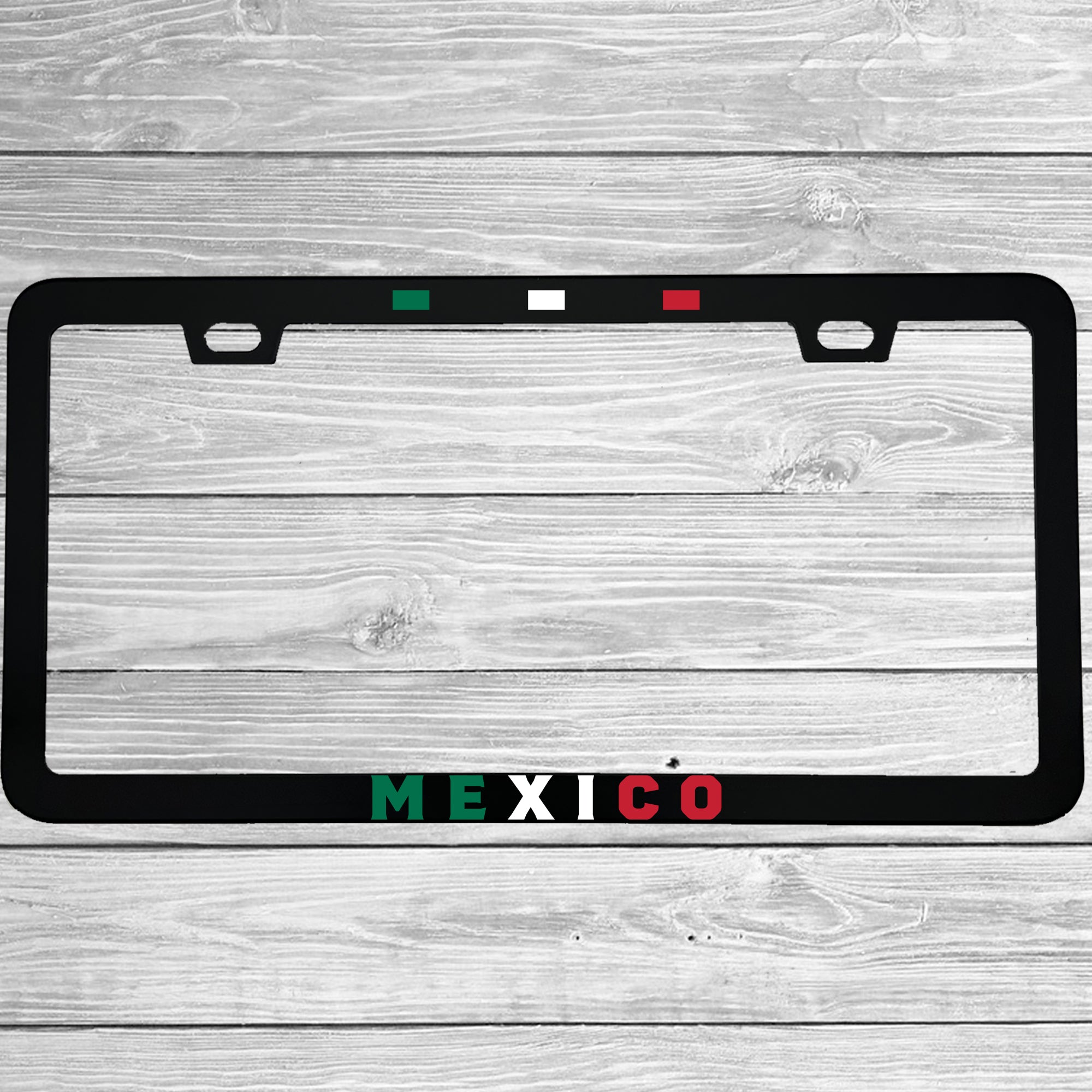 Close-up of "Mexico Flag Mexican Pride" license plate frame showing fade-proof print quality
