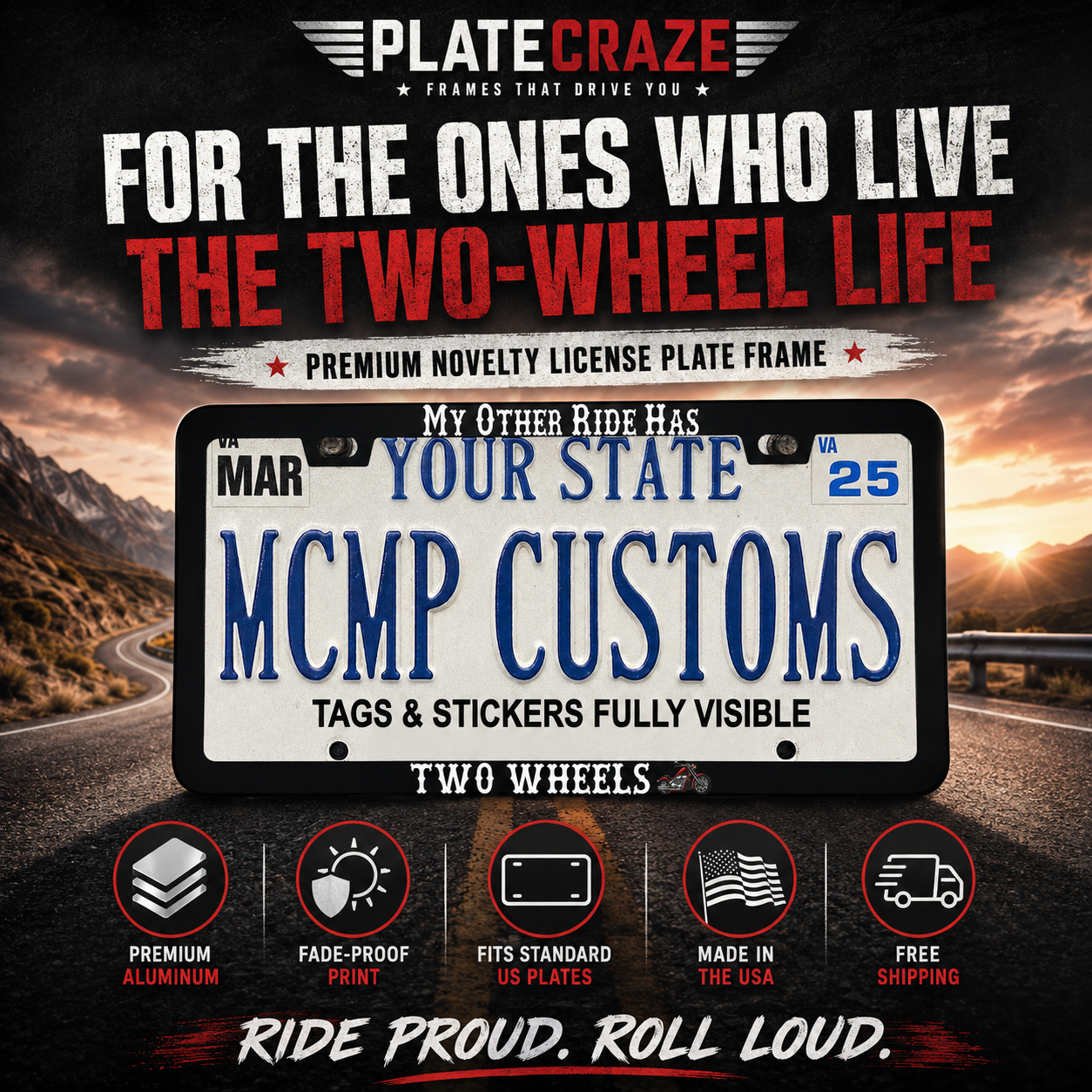 My Other Ride Has Two Wheels Biker Aluminum License Plate Frame