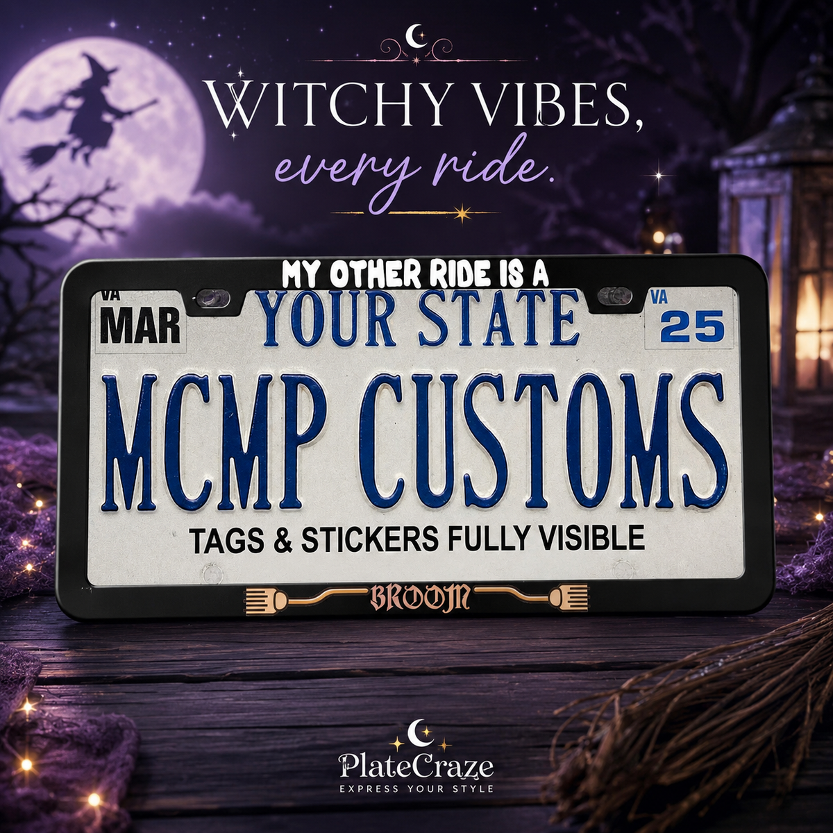 My Other Ride Is A Broom Halloween Aluminum License Plate Frame