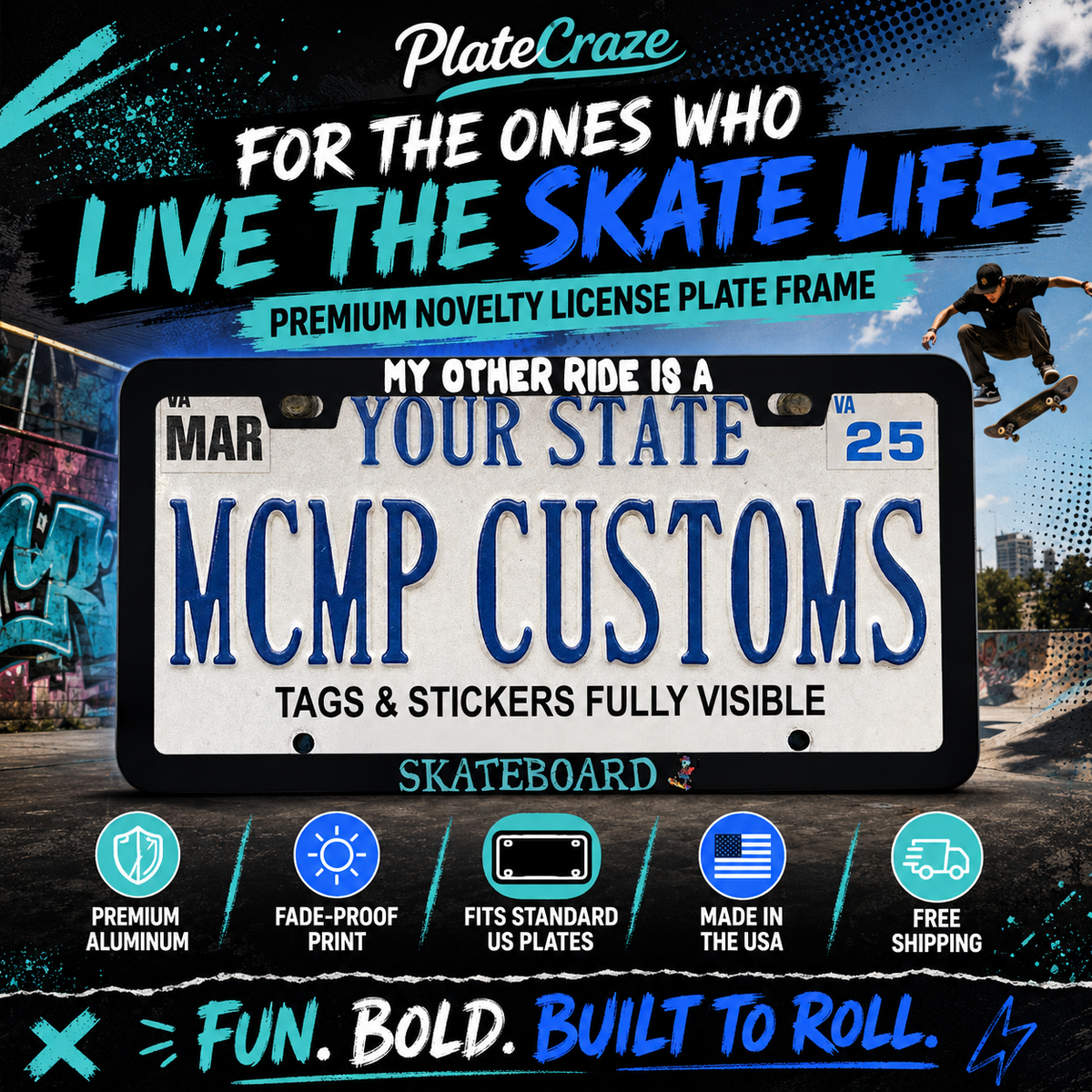 My Other Ride Is A Skateboard Funny Aluminum License Plate Frame