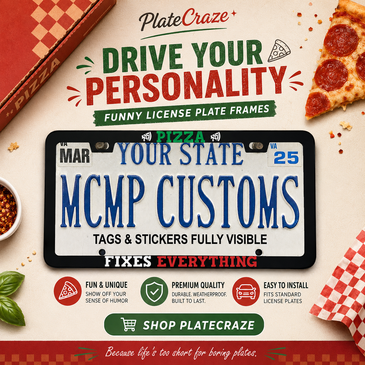 Pizza Fixes Everything Foodie Aluminum License Plate Frame