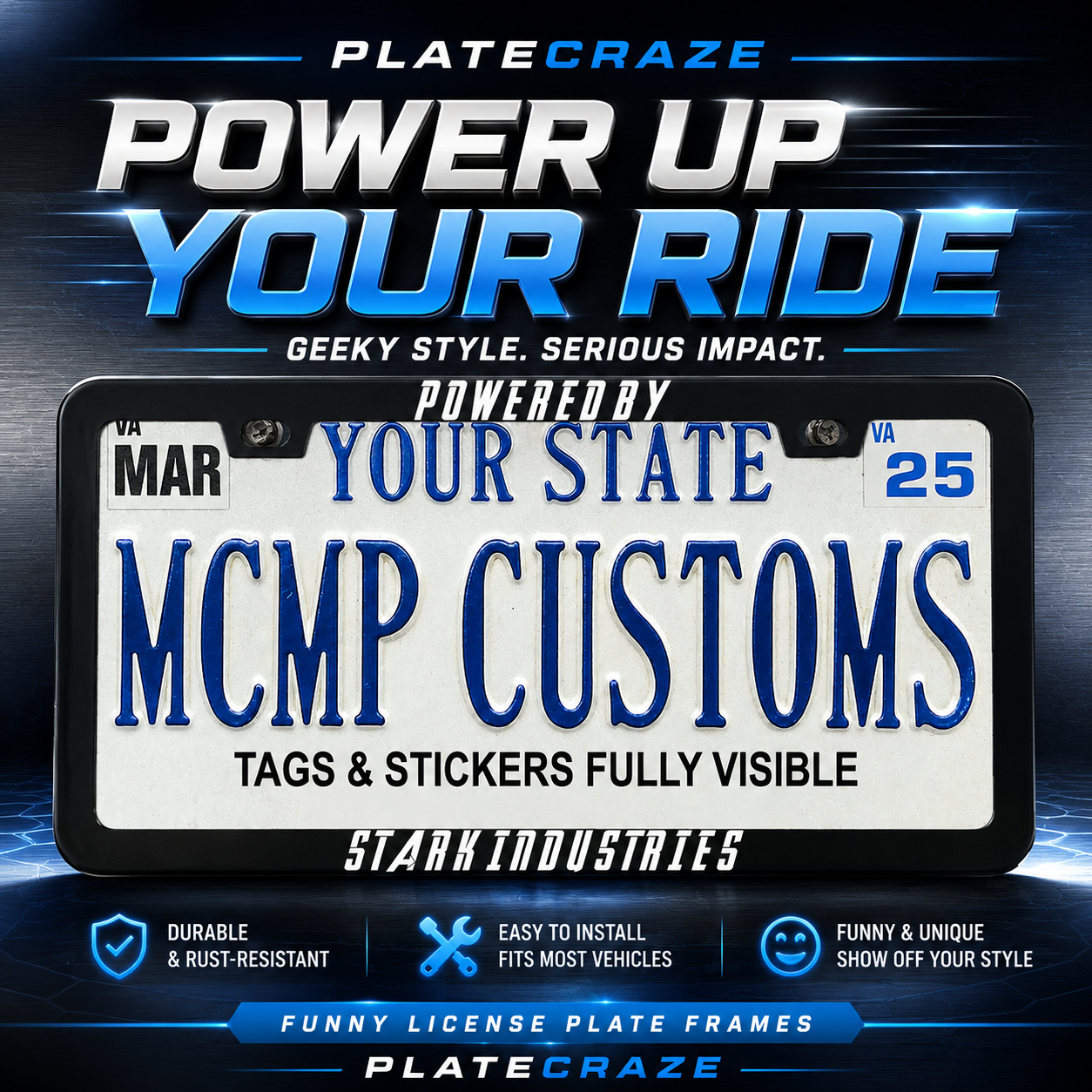 Powered By Stark Industries Superhero Aluminum License Plate Frame