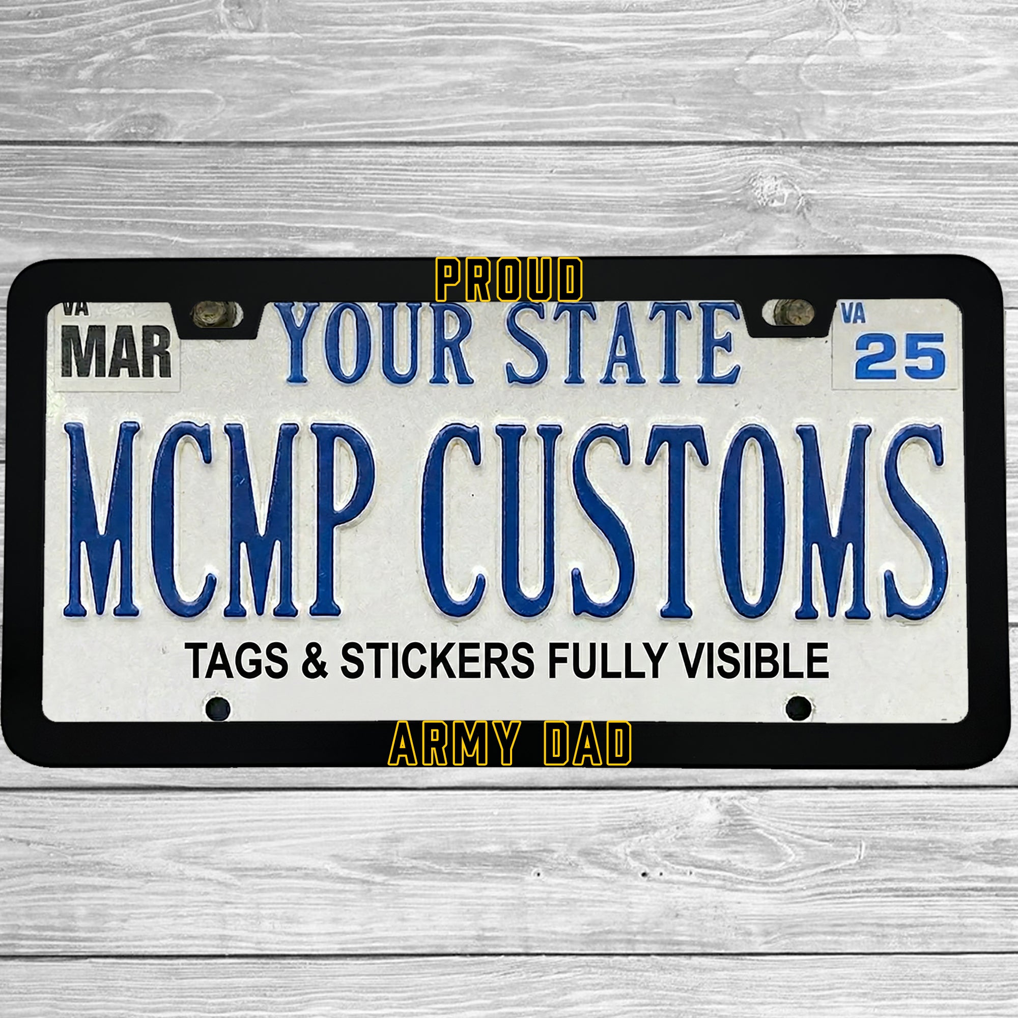 "Proud Army Dad" license plate frame shown on vehicle β lifestyle photo