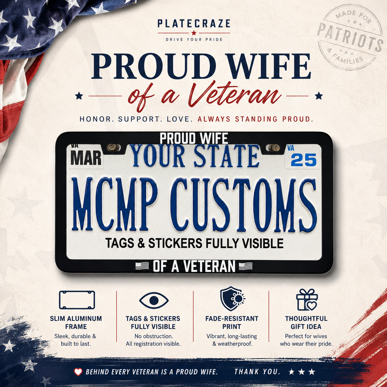 Proud Wife Of A Veteran Military Aluminum License Plate Frame