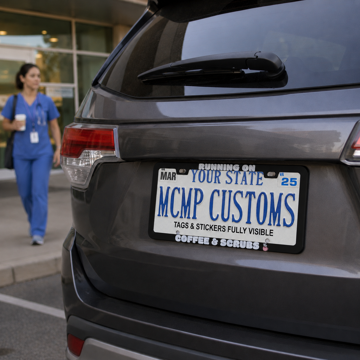 Running on Coffee and Scrubs license plate frame lifestyle photo