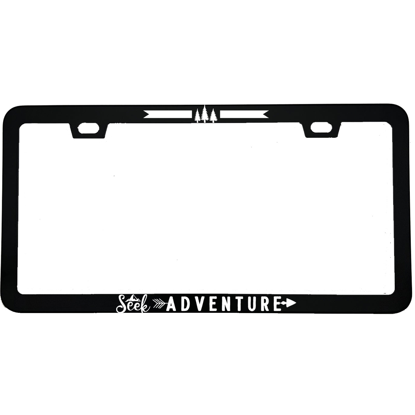 "Seek Adventure" outdoor aluminum license plate frame — front view