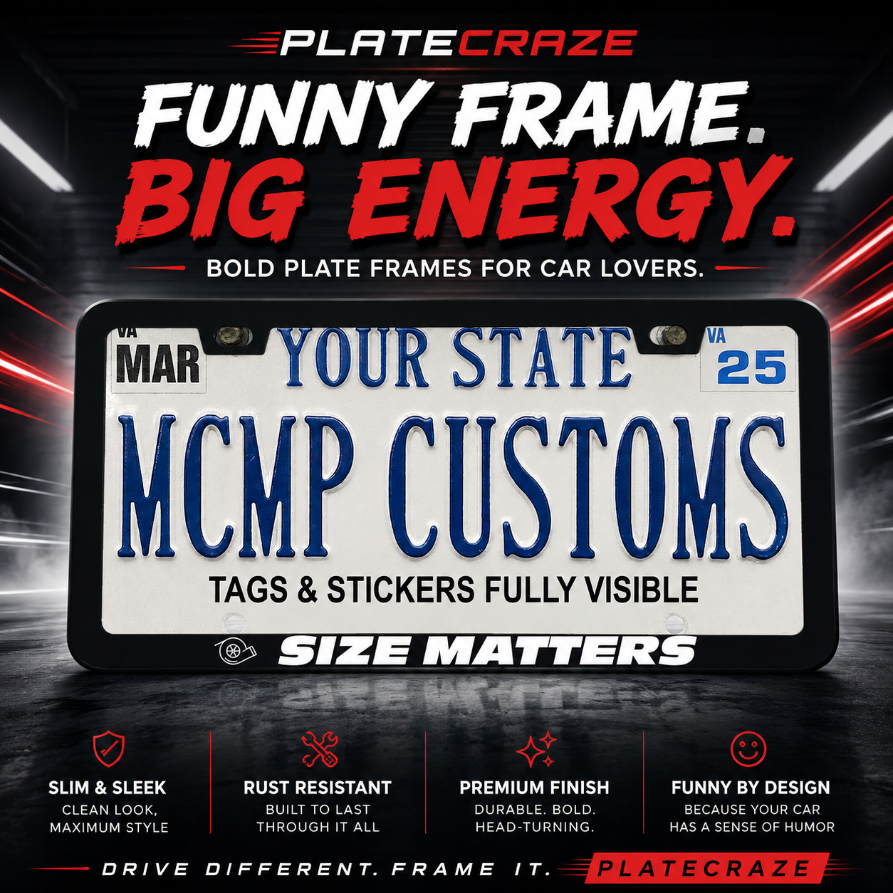 Size Matters Car Enthusiast Aluminum License Plate Frame