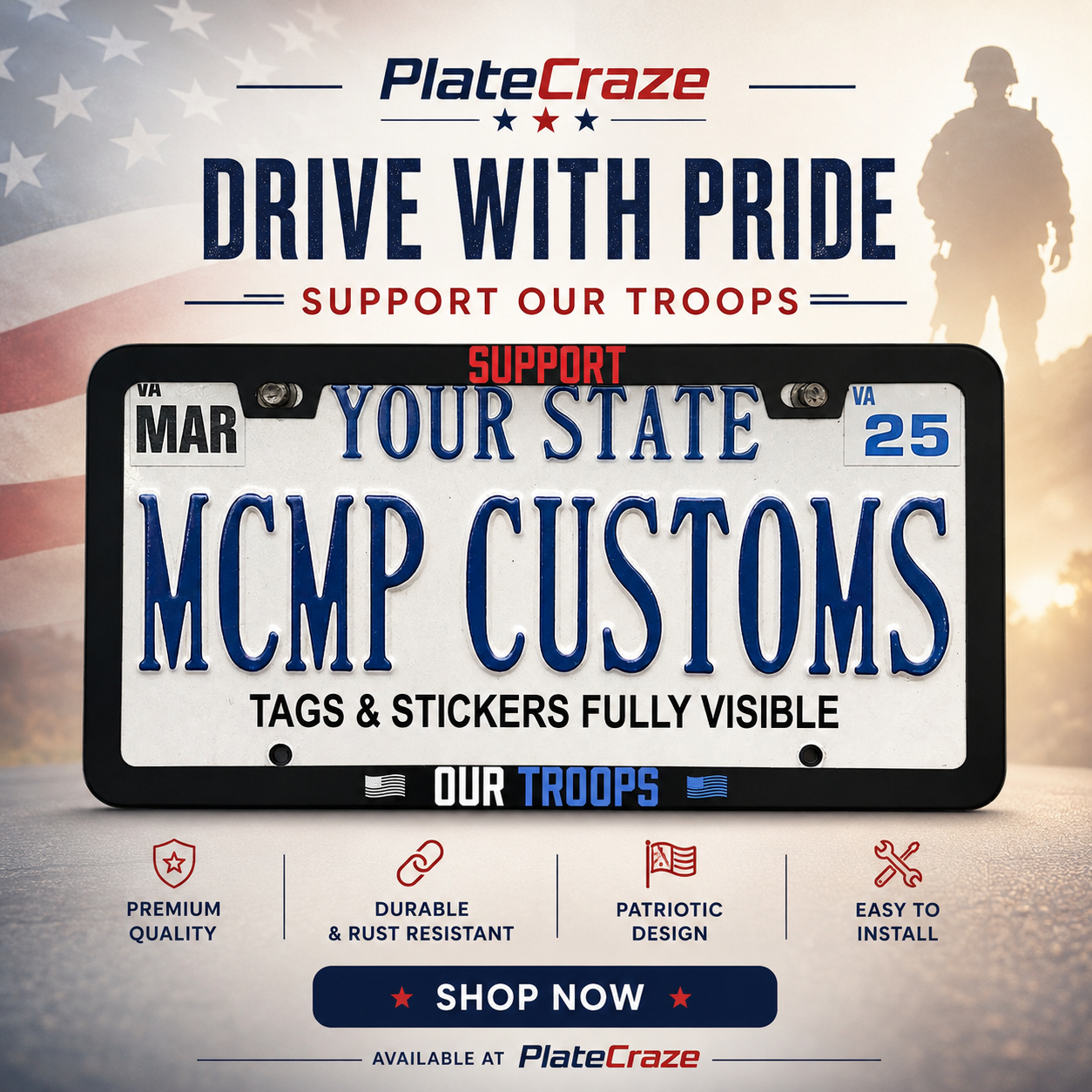 Support Our Troops Military Aluminum License Plate Frame