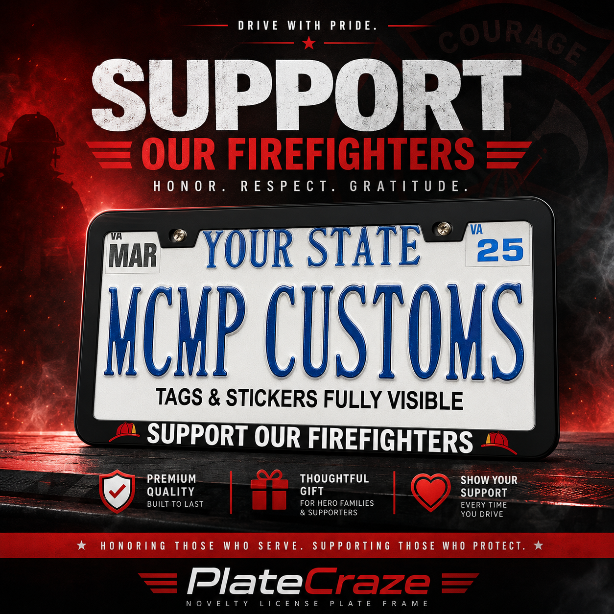 Support Our Firefighters Aluminum License Plate Frame