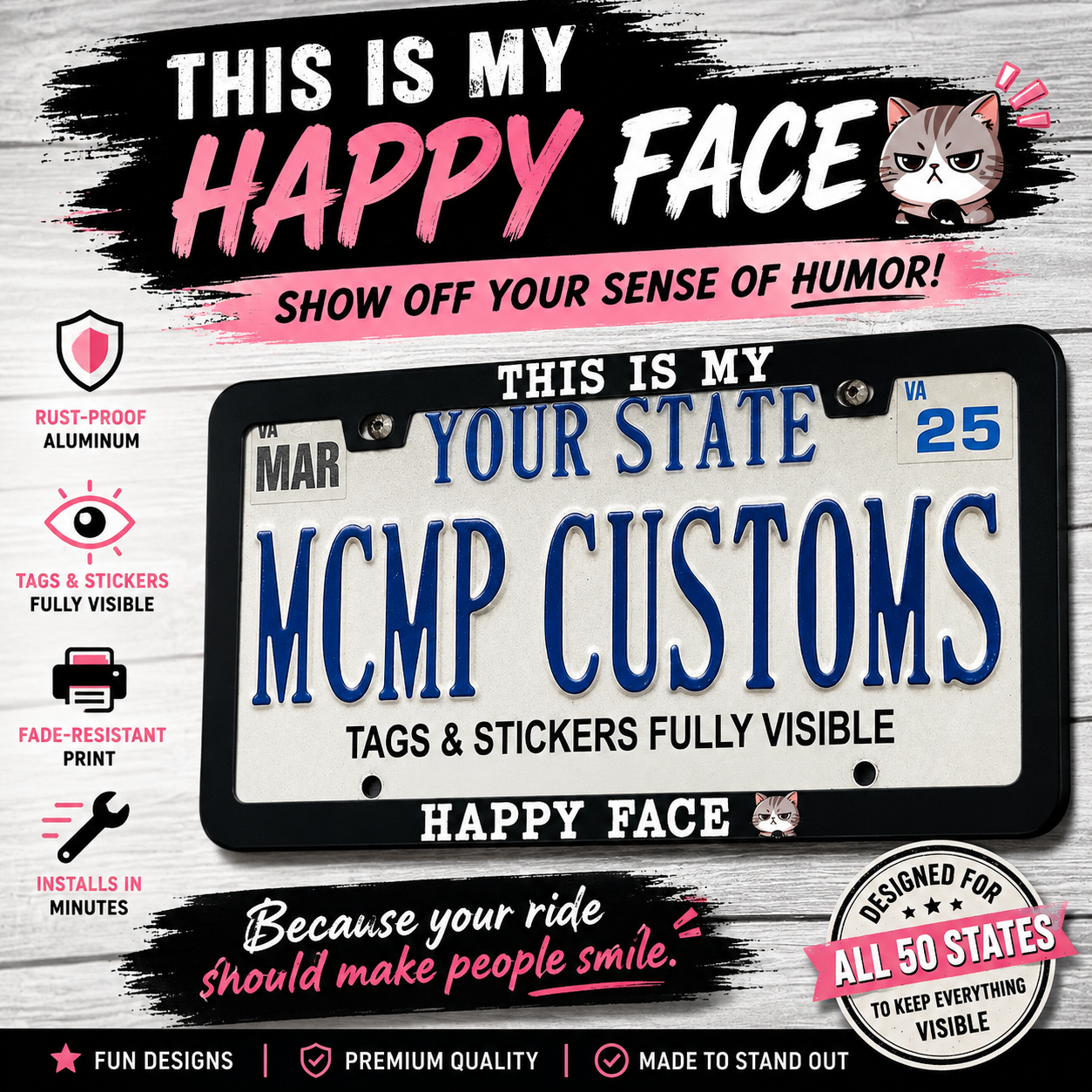 This Is My Happy Face Cat Lover Aluminum License Plate Frame