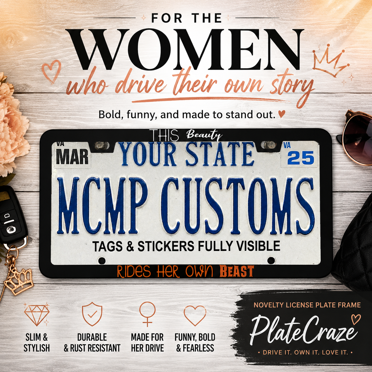 This Beauty Rides Her Own Beast Biker Aluminum License Plate Frame