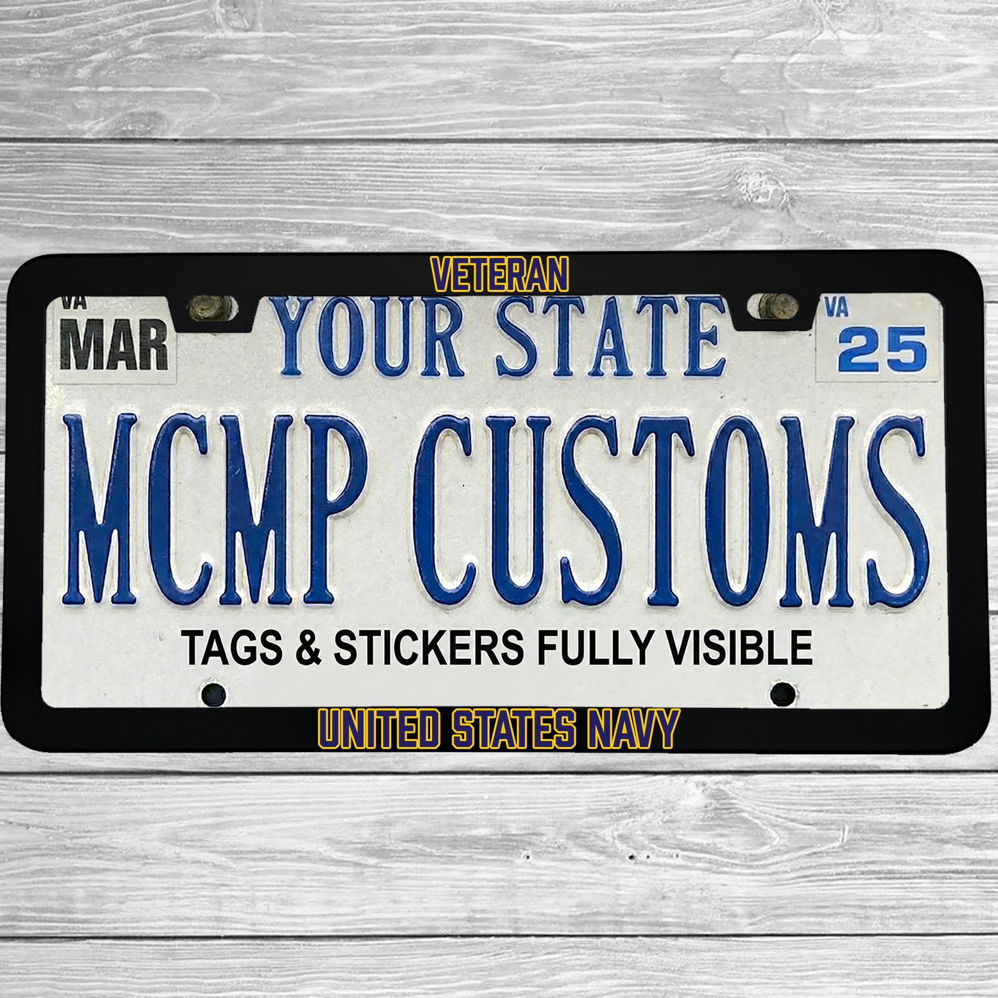 "United States Navy Veteran" license plate frame shown on vehicle β lifestyle photo