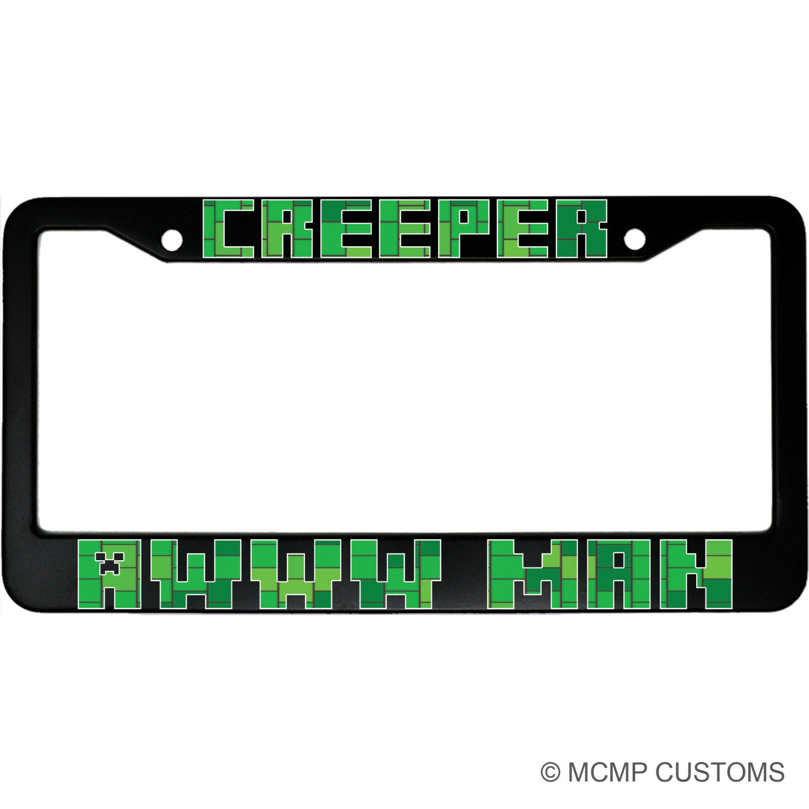"Creeper Awww Man Minecraft" gaming aluminum license plate frame — front view