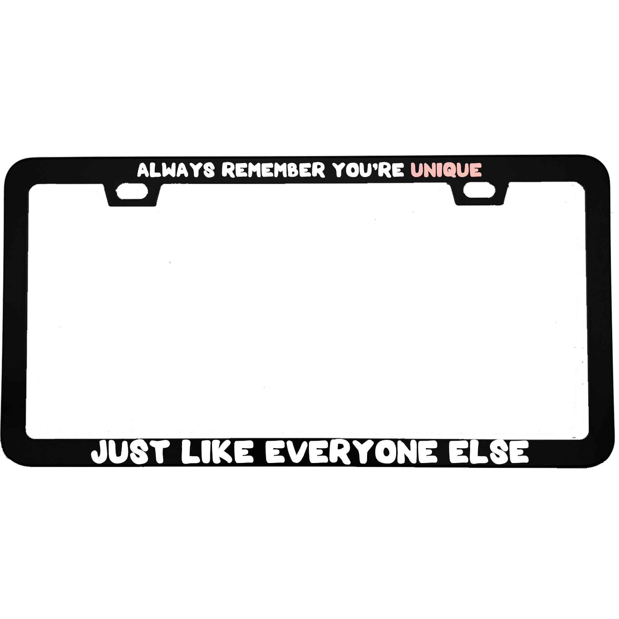 "Always Remember You're Unique Just Like Everyone Else" funny aluminum license plate frame — front view