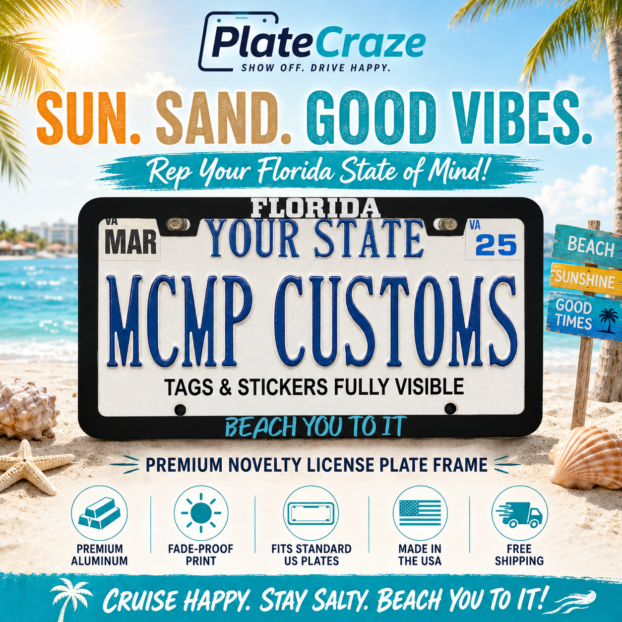 Florida Beach You To It Aluminum License Plate Frame