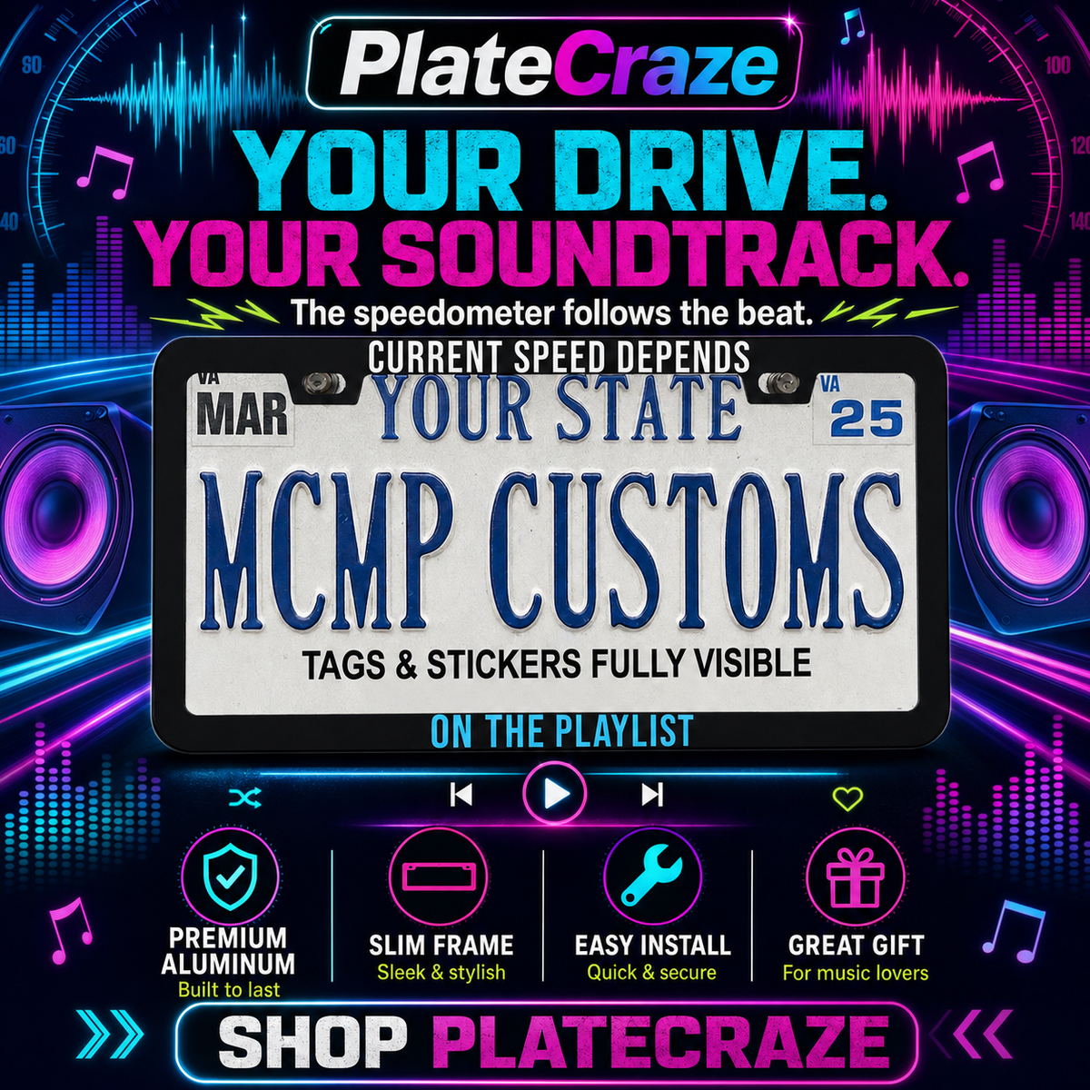 Current Speed Depends on the Playlist License Plate Frame, Funny Music Lover Car Frame, Driver Gift