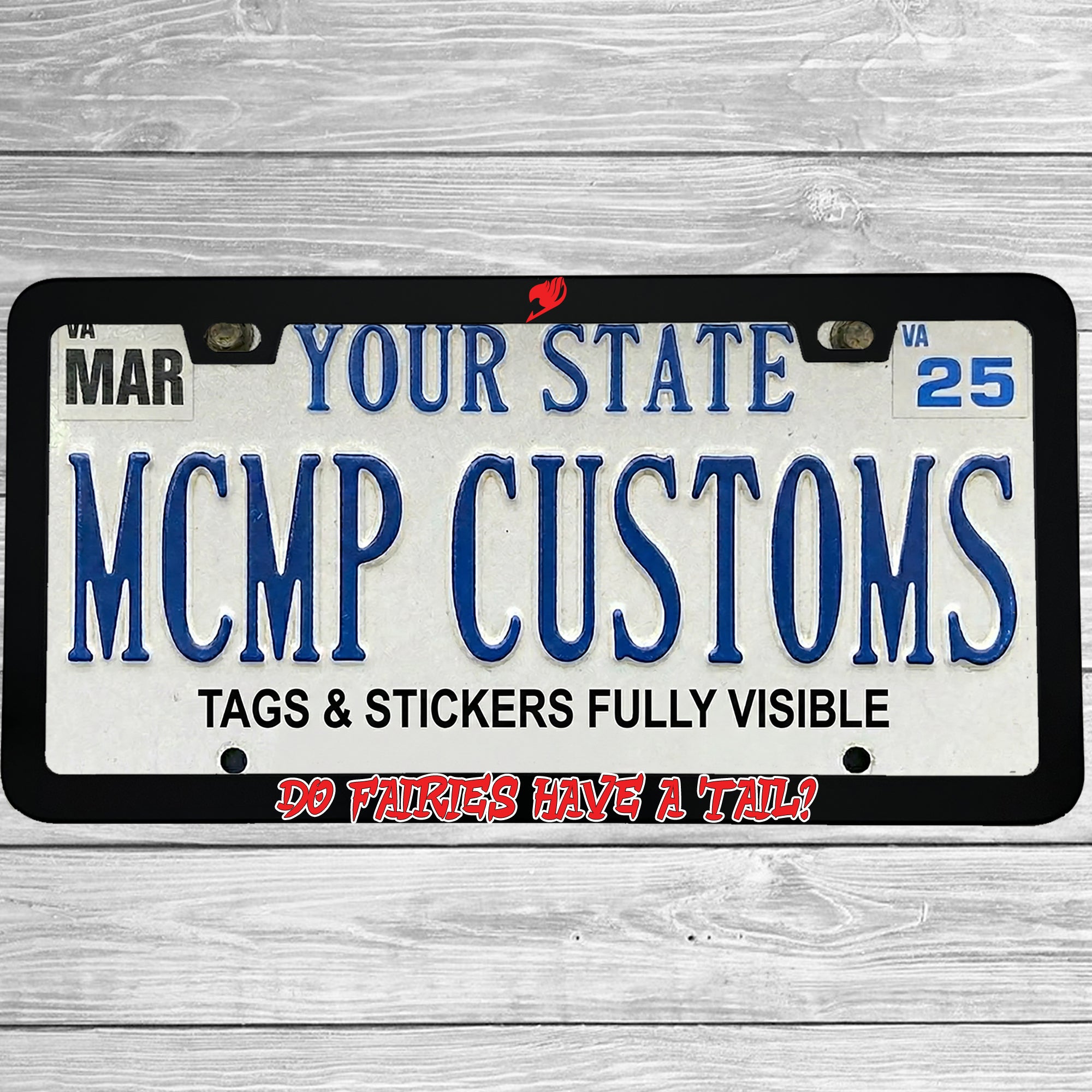 "Do Fairies Have A Tail?" license plate frame shown on vehicle — lifestyle photo