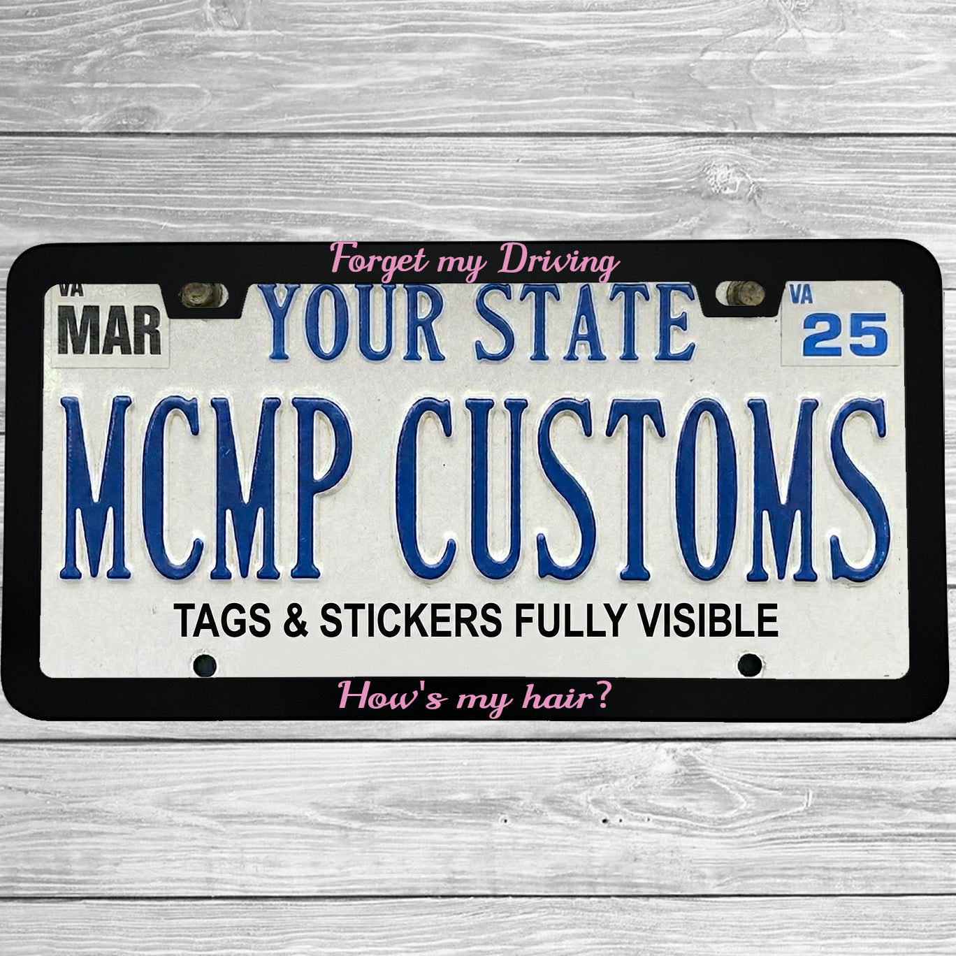 MCMP Customs aluminum license plate frame — features and quality detail infographic