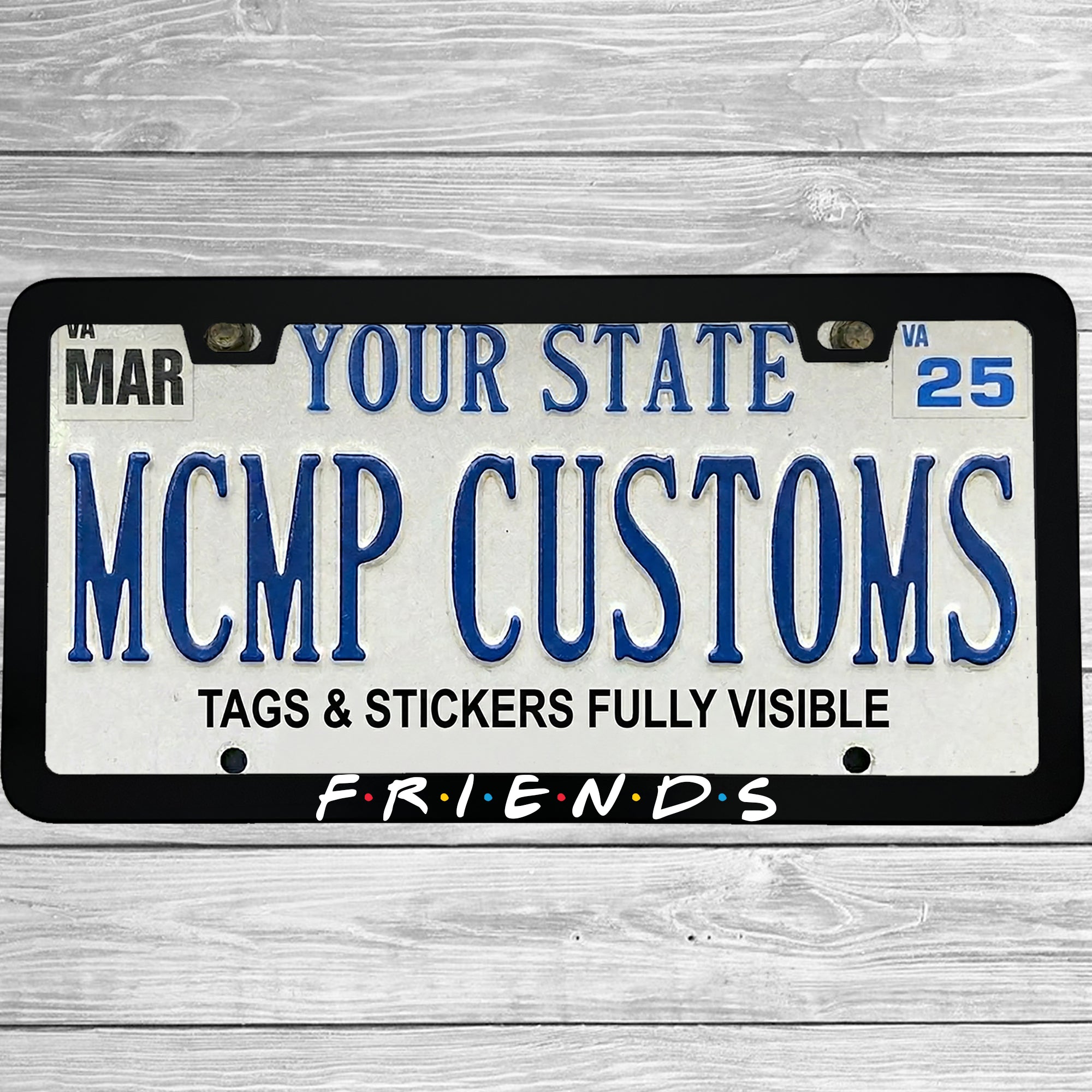 "Friends TV Show Logo" license plate frame shown on vehicle — lifestyle photo