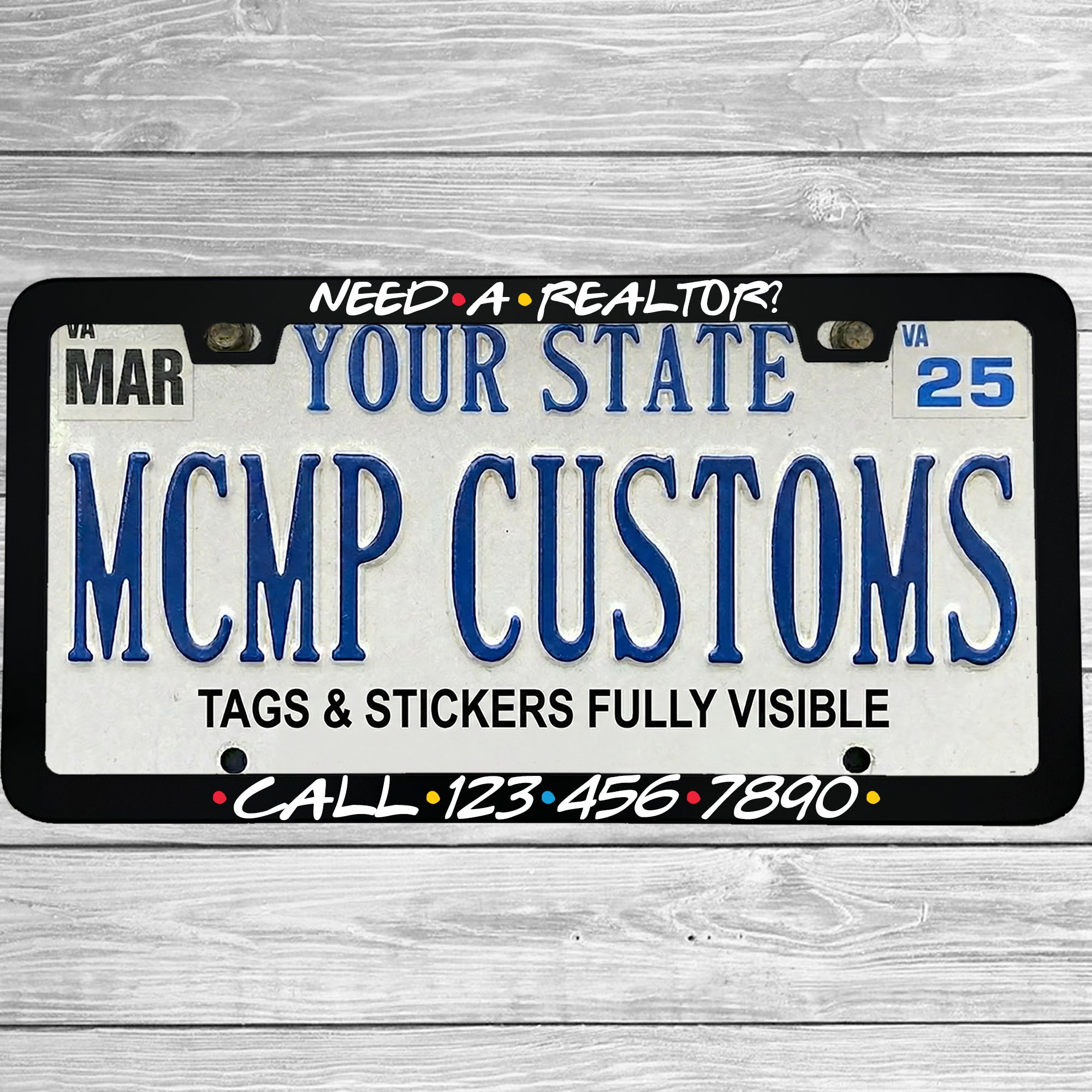 "Custom Friends Style Themed Realtor" license plate frame shown on vehicle — lifestyle photo