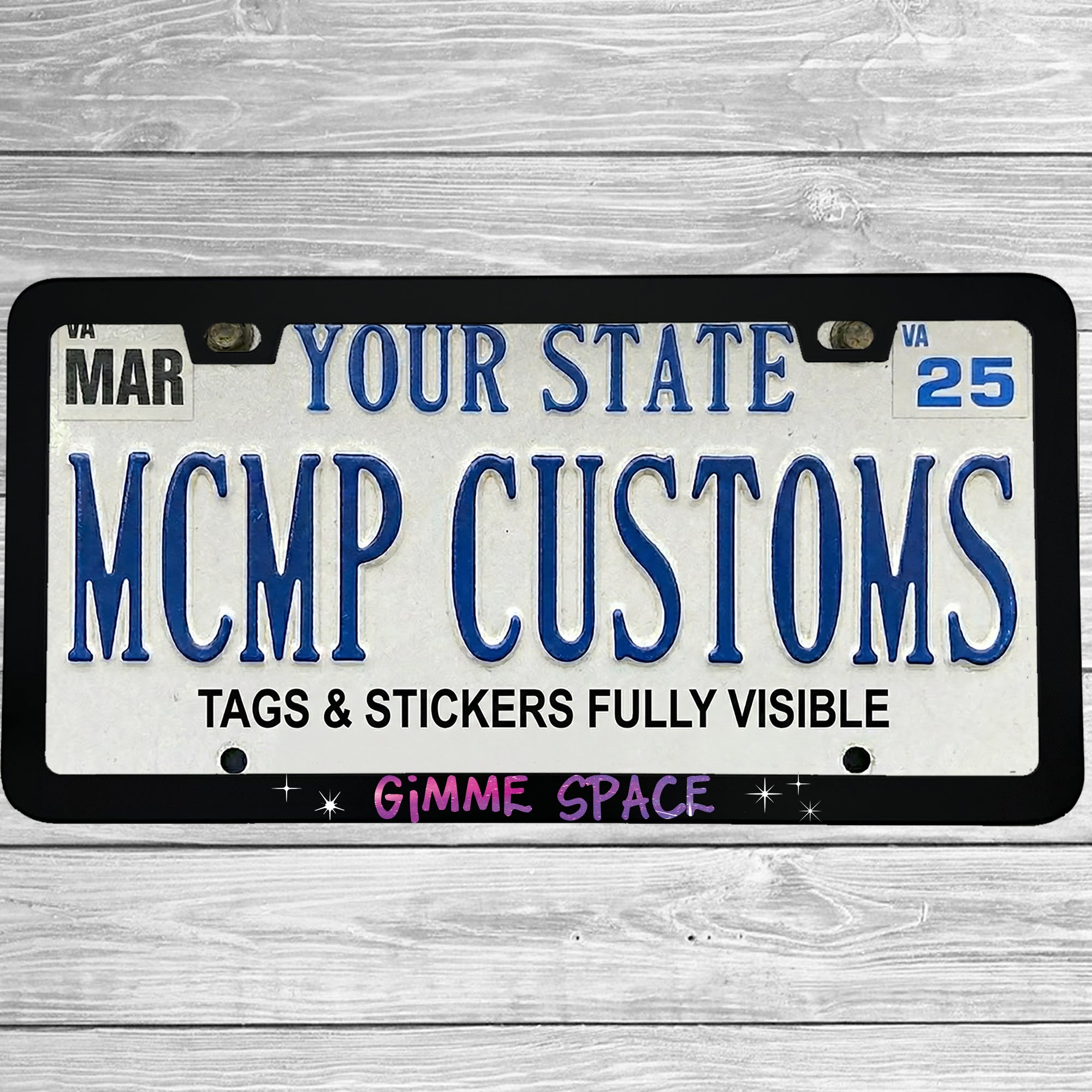 "Gimme Space" license plate frame shown on vehicle — lifestyle photo