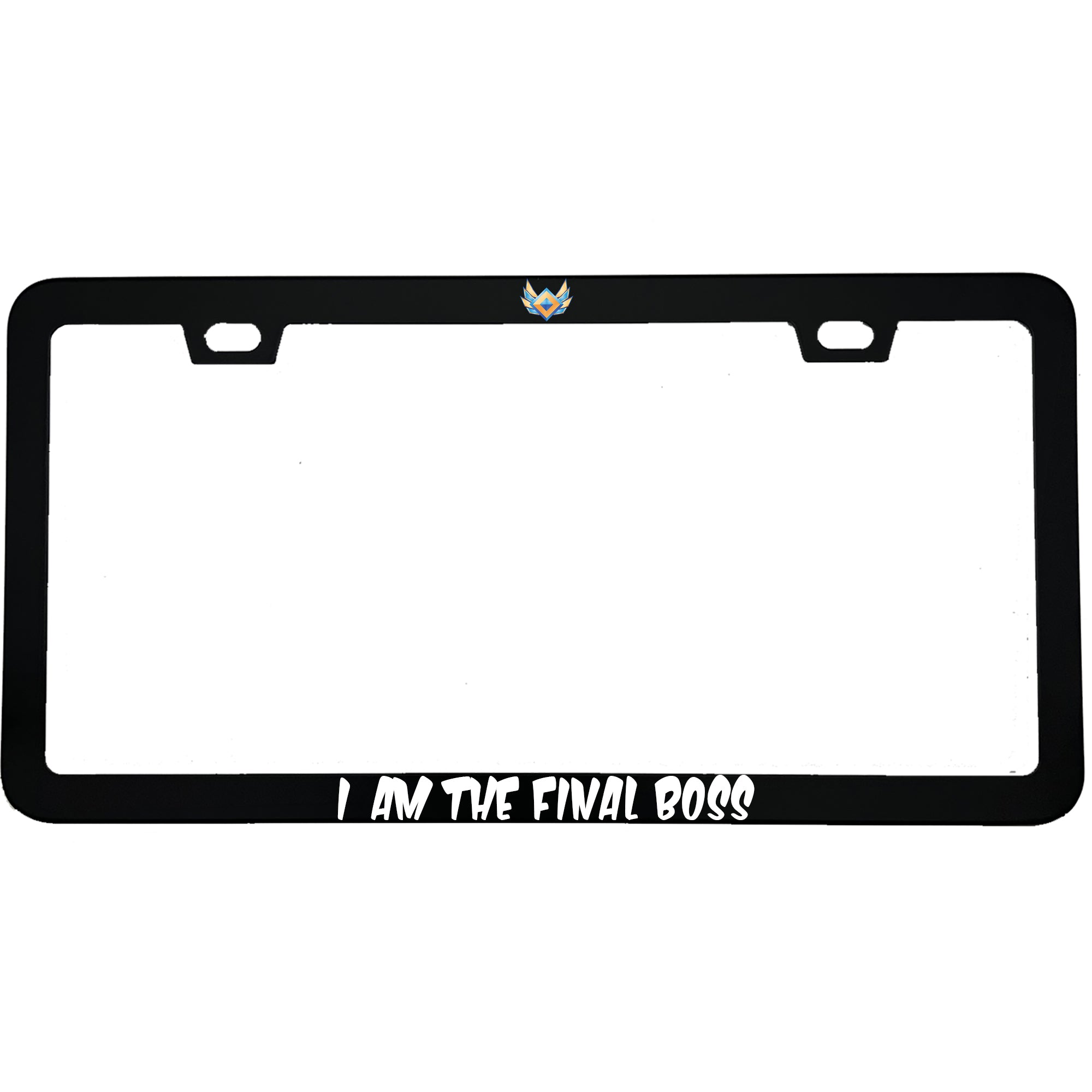 "I Am The Final Boss" gaming aluminum license plate frame — front view
